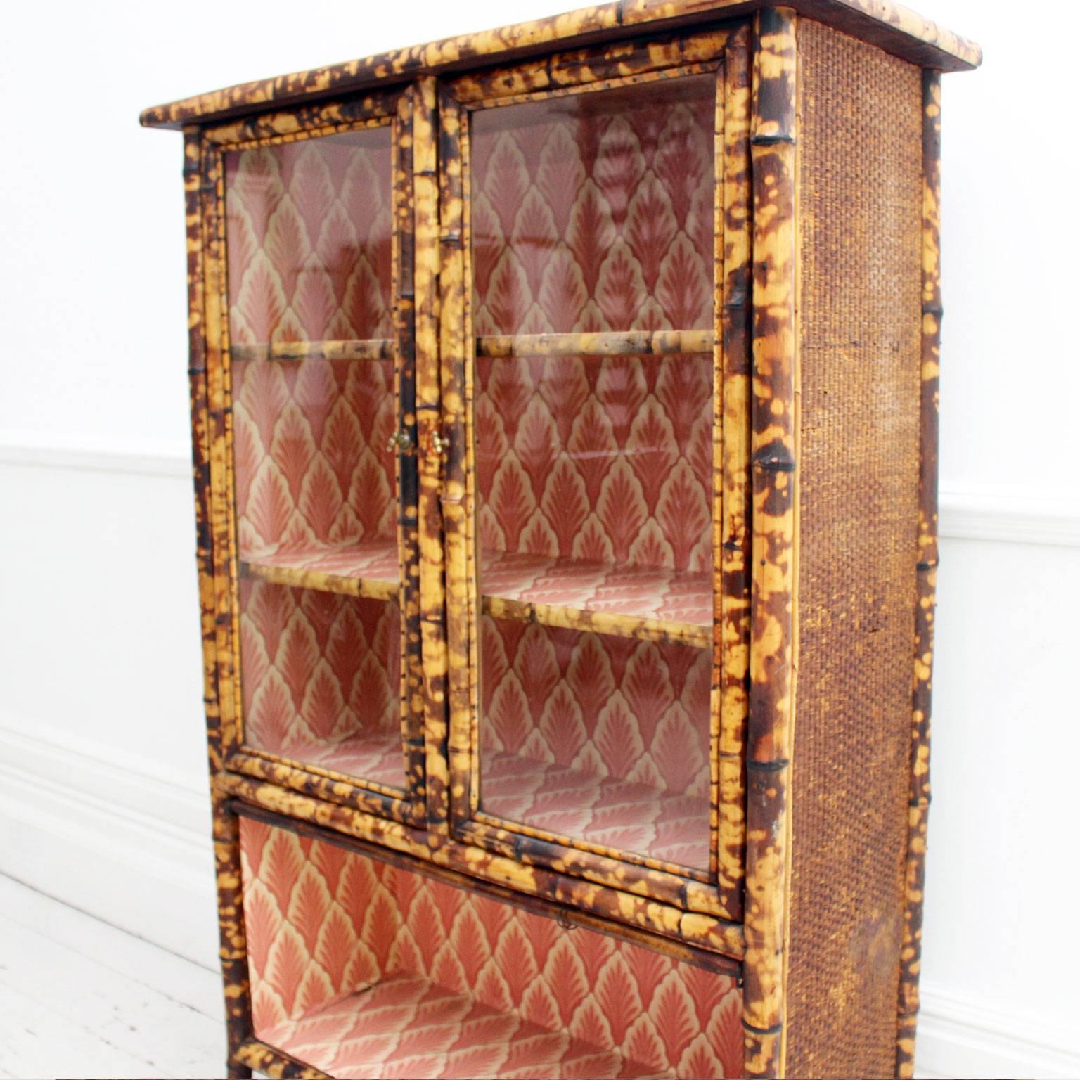 English Antique Tiger Bamboo Glass Fronted Display Cabinet with Vintage Wallpaper