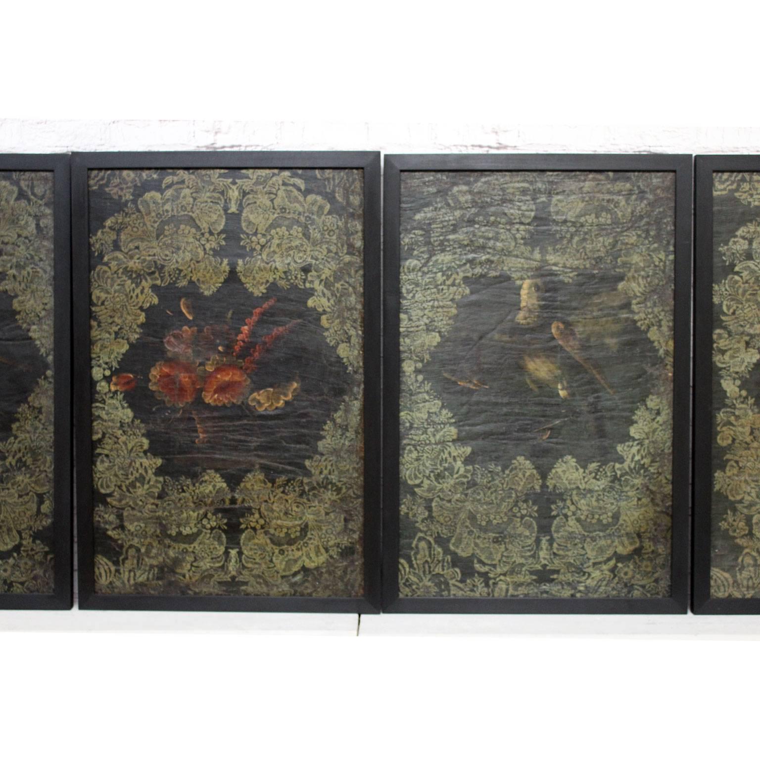 Other Set of Four 17th Century, Spanish Oil on Hessian Wall Covering Paintings