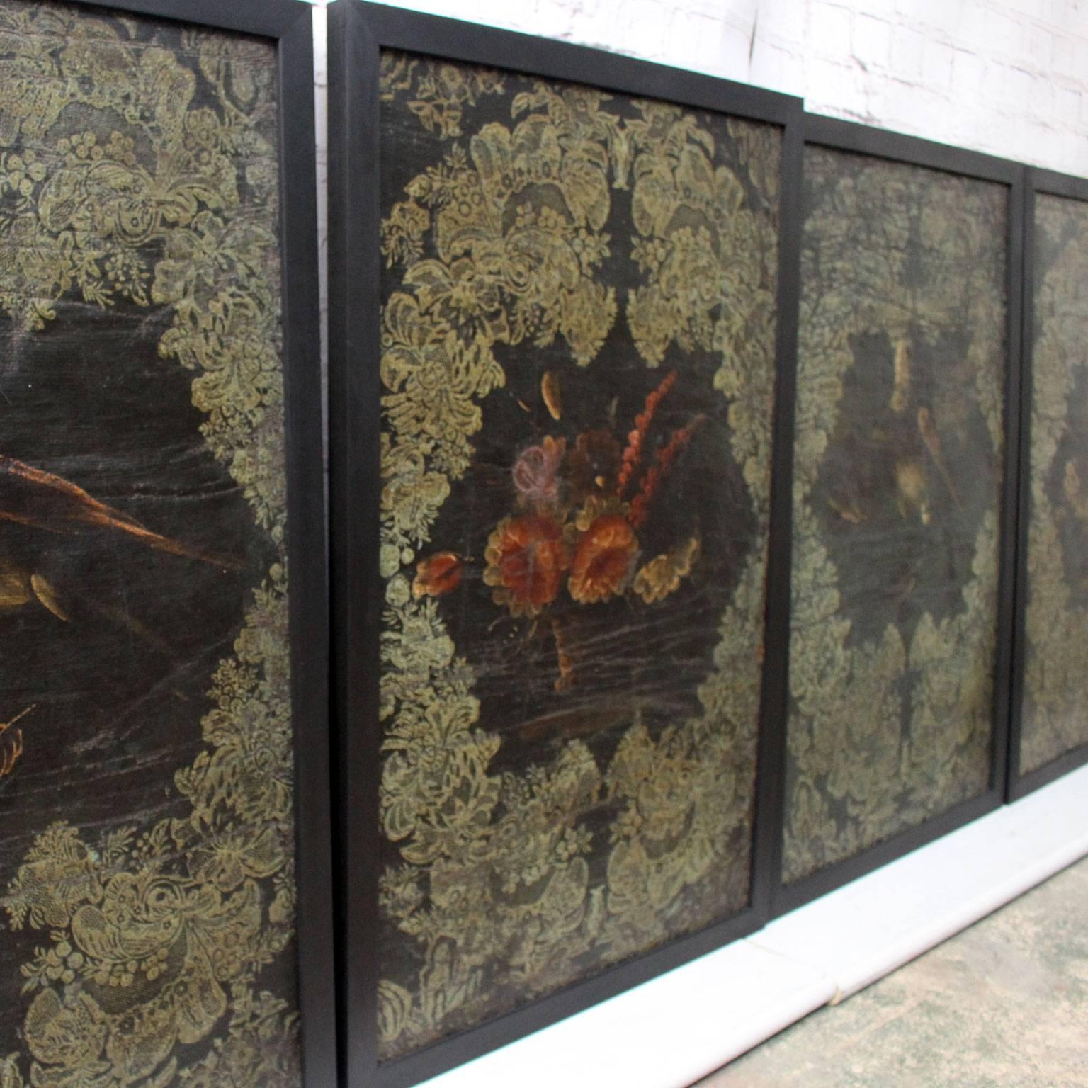 This set of incredible 17th century Spanish wall hangings has been painstakingly conserved by Charlotte. They are oil paintings on a wide weave hessian which helps us date them to the late 17th century. We love their moodiness and depth. There is a