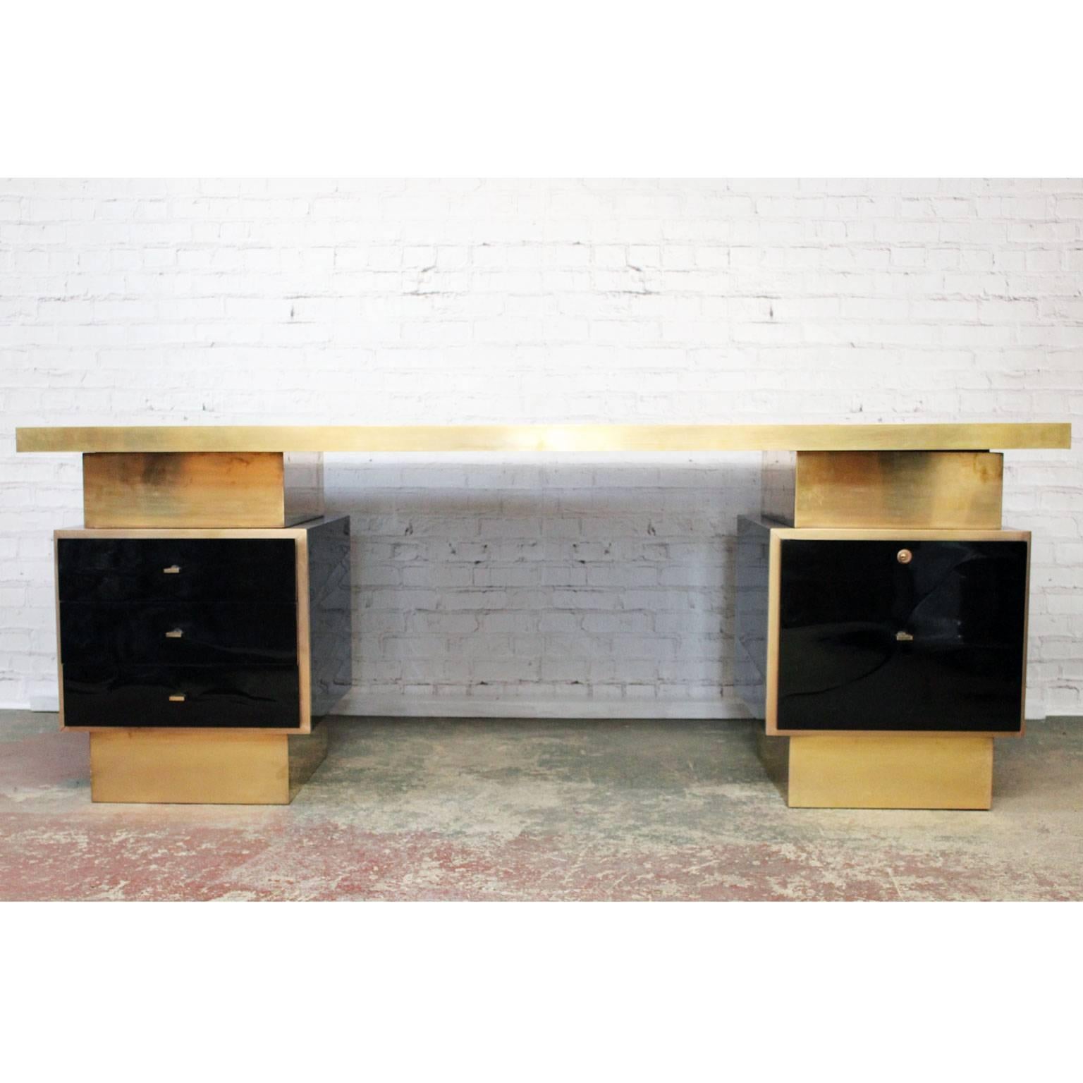 Modern 1970s Textured Black Lacquer and Brass Executive Desk by Guy Lefevre