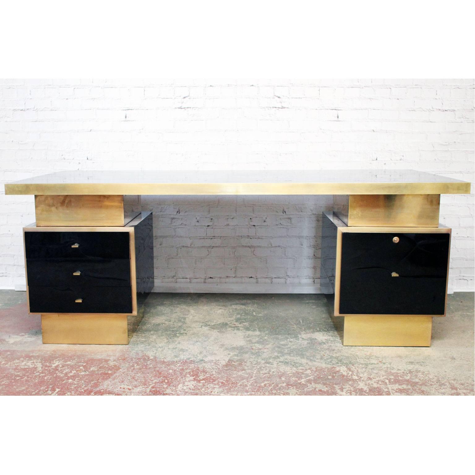 French 1970s Textured Black Lacquer and Brass Executive Desk by Guy Lefevre