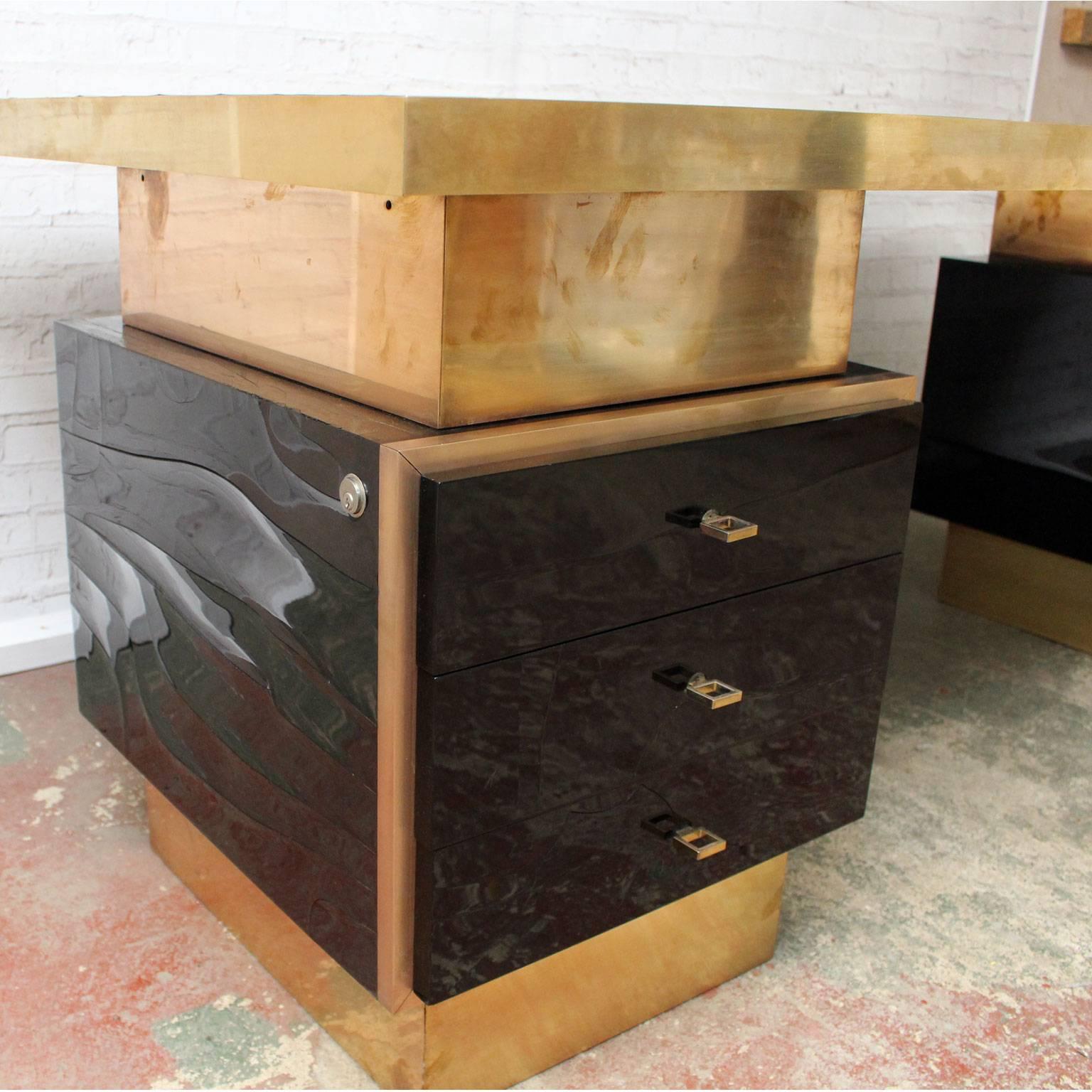 1970s Textured Black Lacquer and Brass Executive Desk by Guy Lefevre In Good Condition In Kent, GB