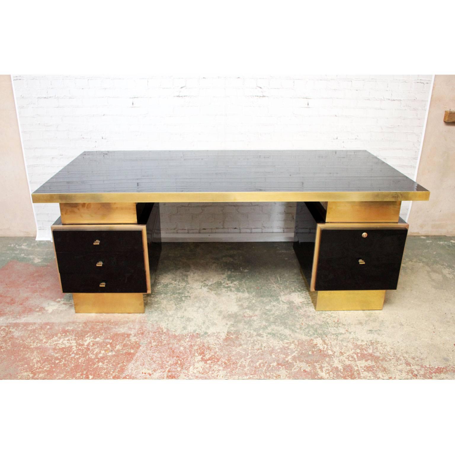 1970s Textured Black Lacquer and Brass Executive Desk by Guy Lefevre 3