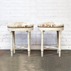 Late 19th Century Pair of French White Painted Stools Upholstered in Cowhide