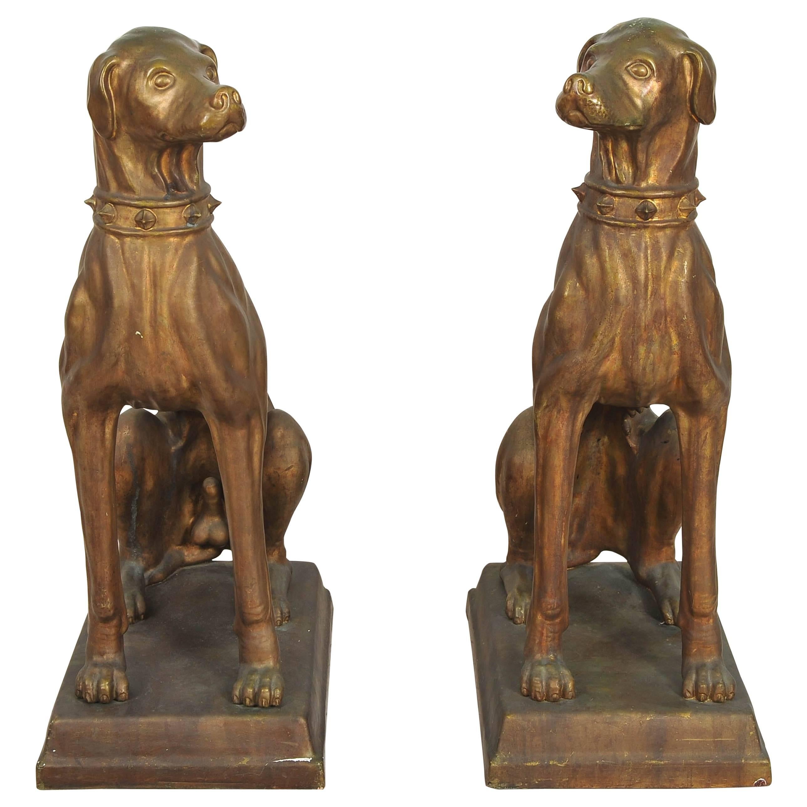 Pair of 1920s Art Deco Large Bronze Glazed Italian Terracotta Dog Statues