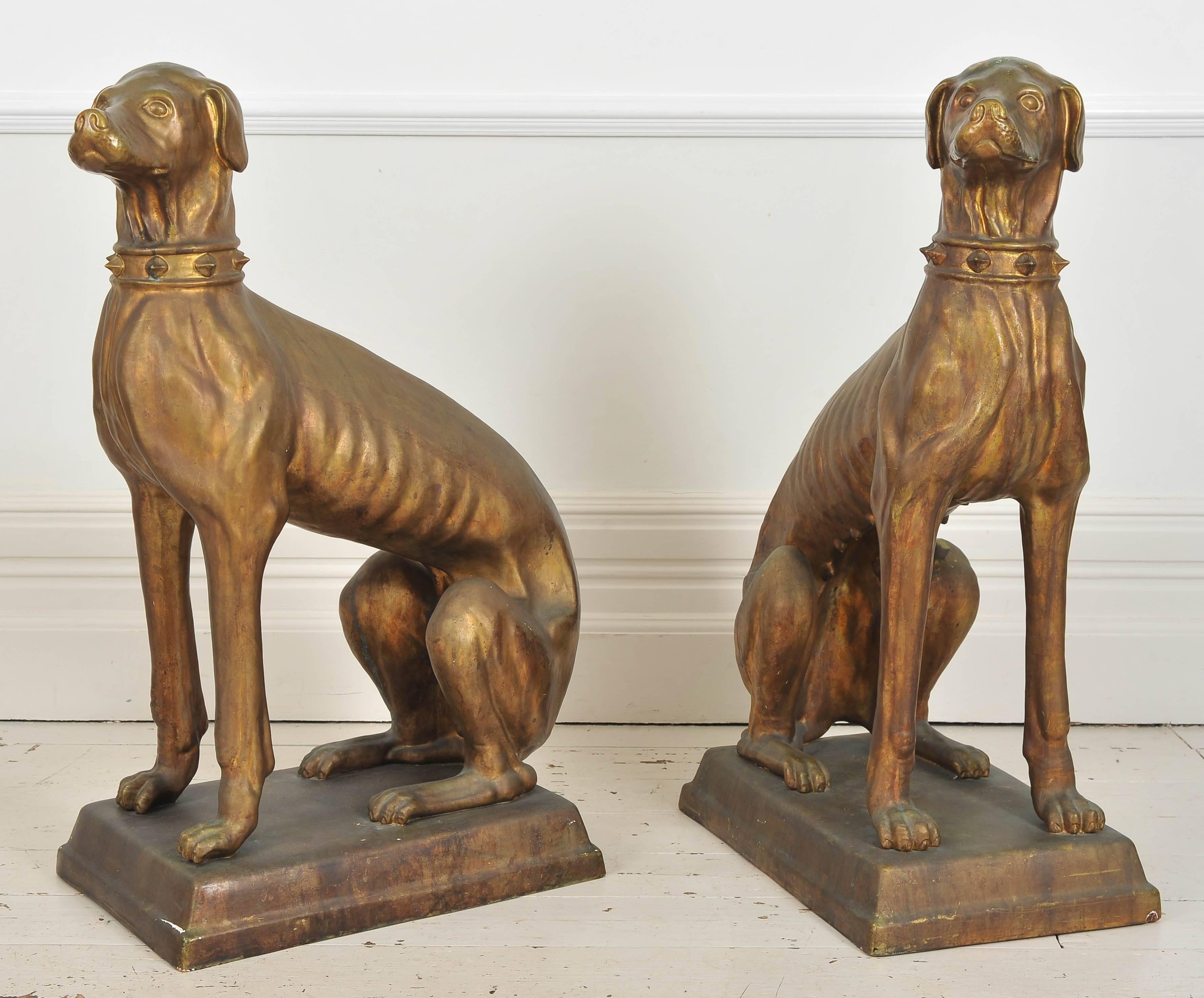 Bronzed Pair of 1920s Art Deco Large Bronze Glazed Italian Terracotta Dog Statues