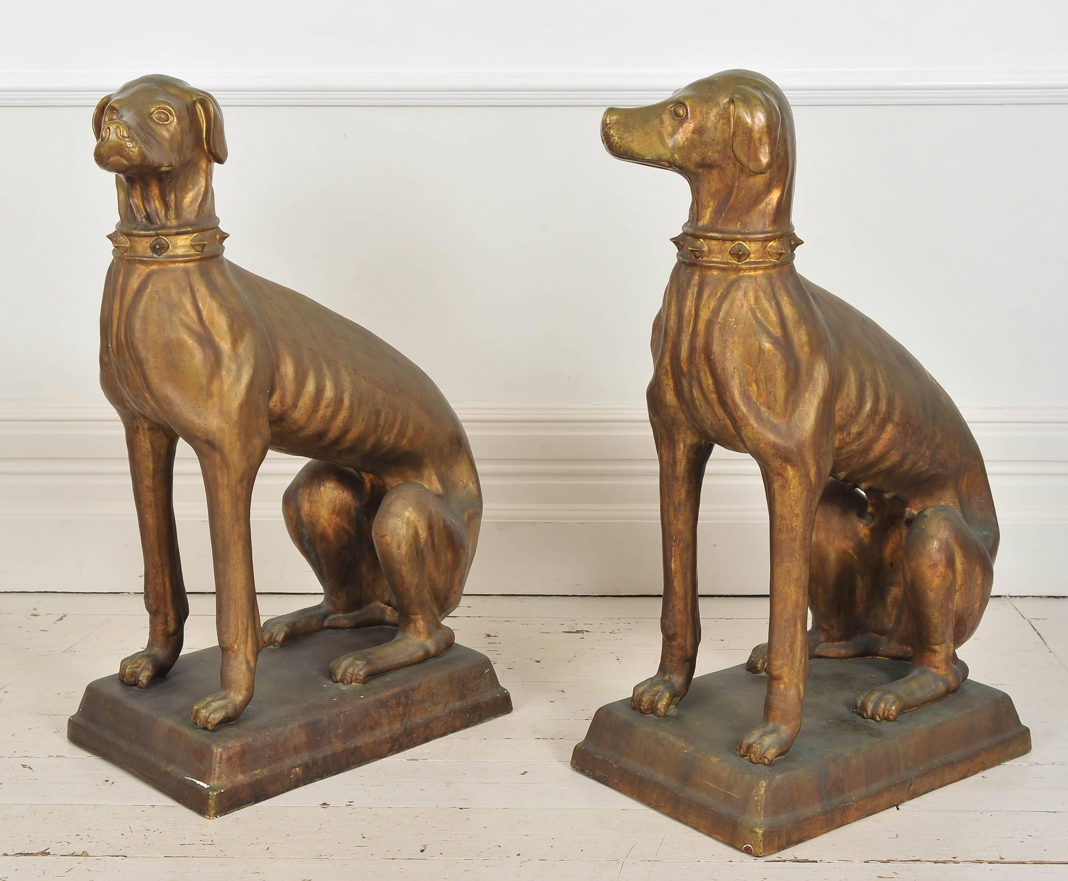Pair of 1920s Art Deco Large Bronze Glazed Italian Terracotta Dog Statues In Excellent Condition In Kent, GB