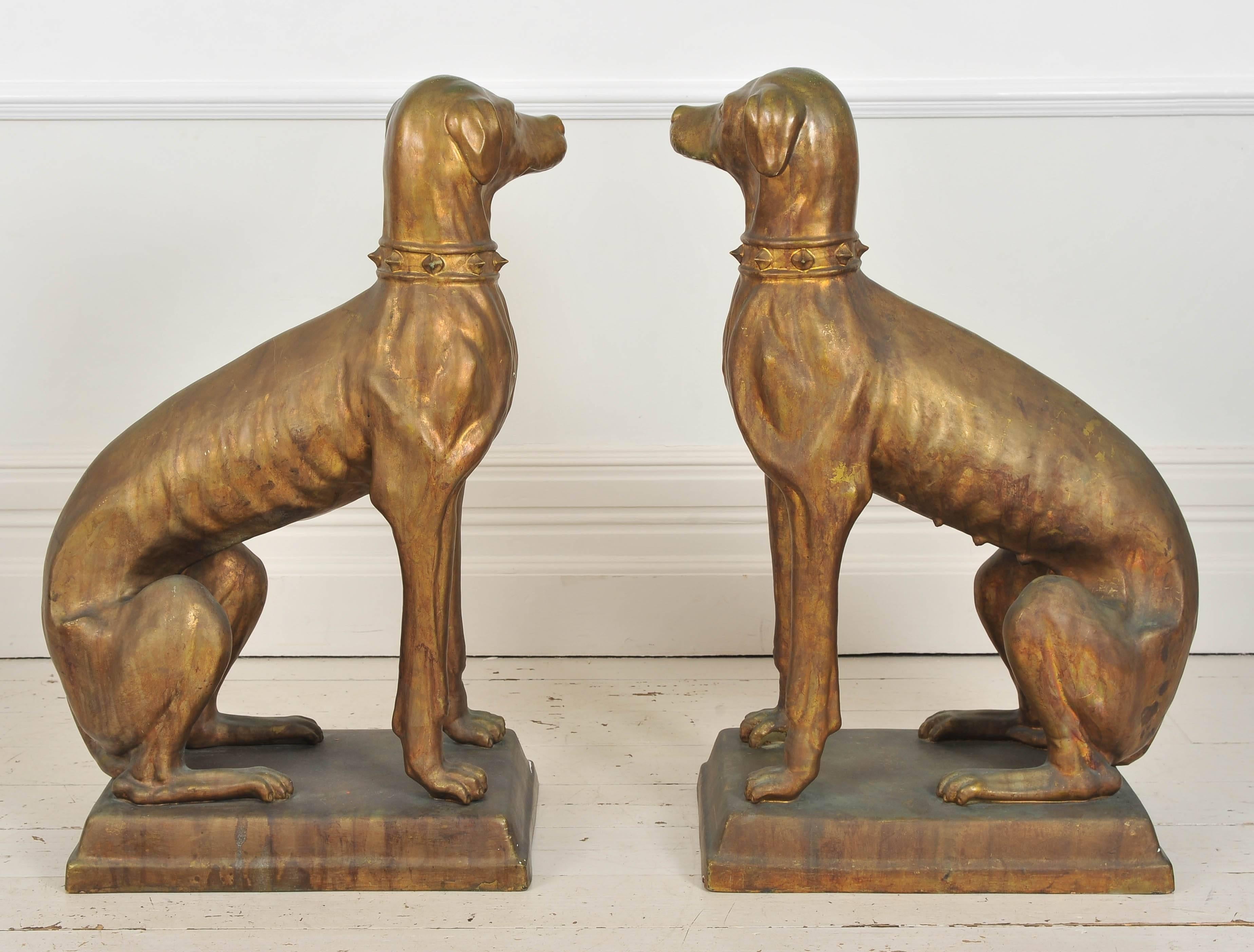 Early 20th Century Pair of 1920s Art Deco Large Bronze Glazed Italian Terracotta Dog Statues