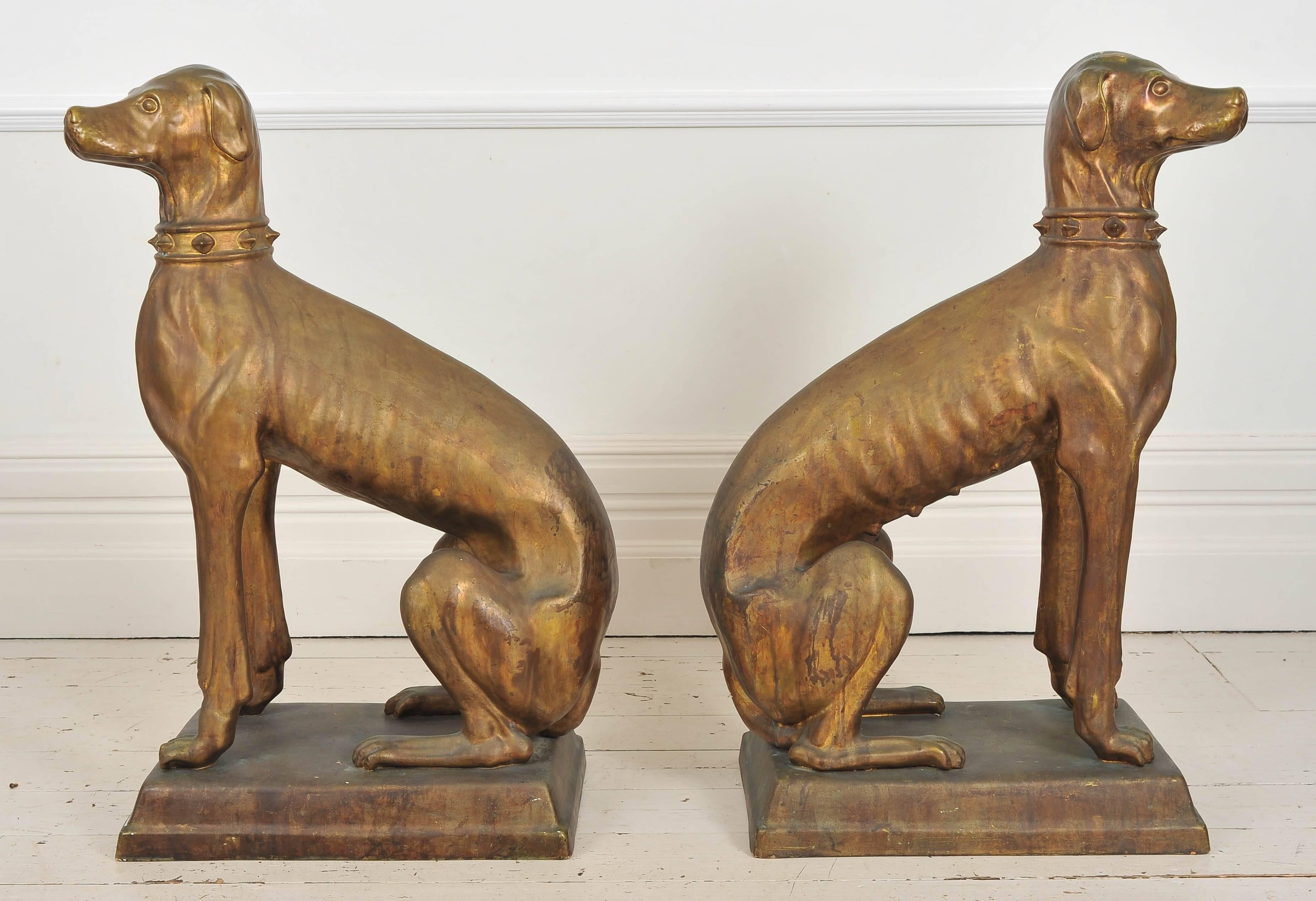 Pair of 1920s Art Deco Large Bronze Glazed Italian Terracotta Dog Statues 1