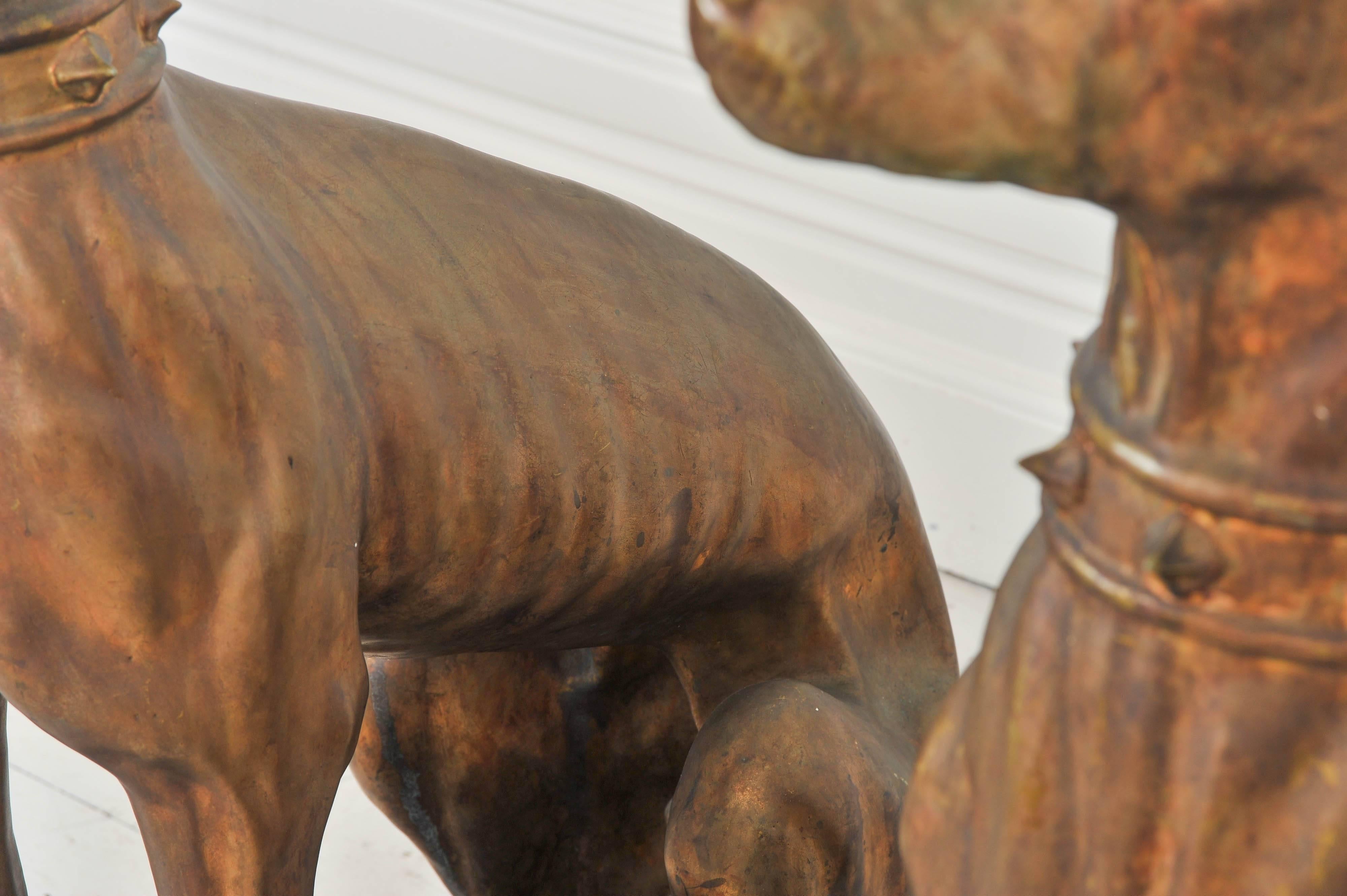 Pair of 1920s Art Deco Large Bronze Glazed Italian Terracotta Dog Statues 4