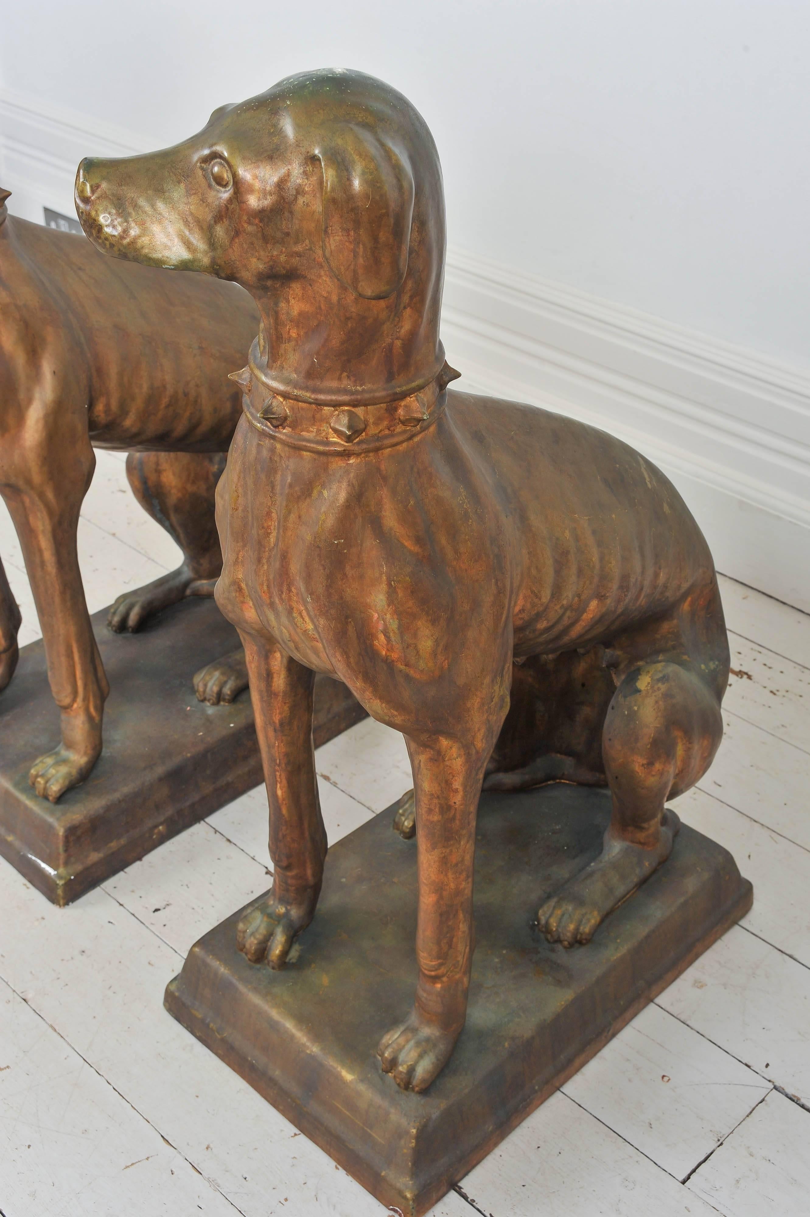 Pair of 1920s Art Deco Large Bronze Glazed Italian Terracotta Dog Statues 5