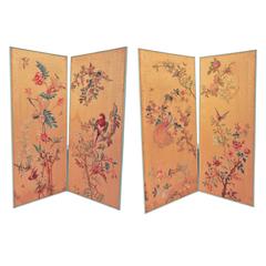 Set of Four Hand Decorated Silk Screen Panels with Exotic Birds and Flowers