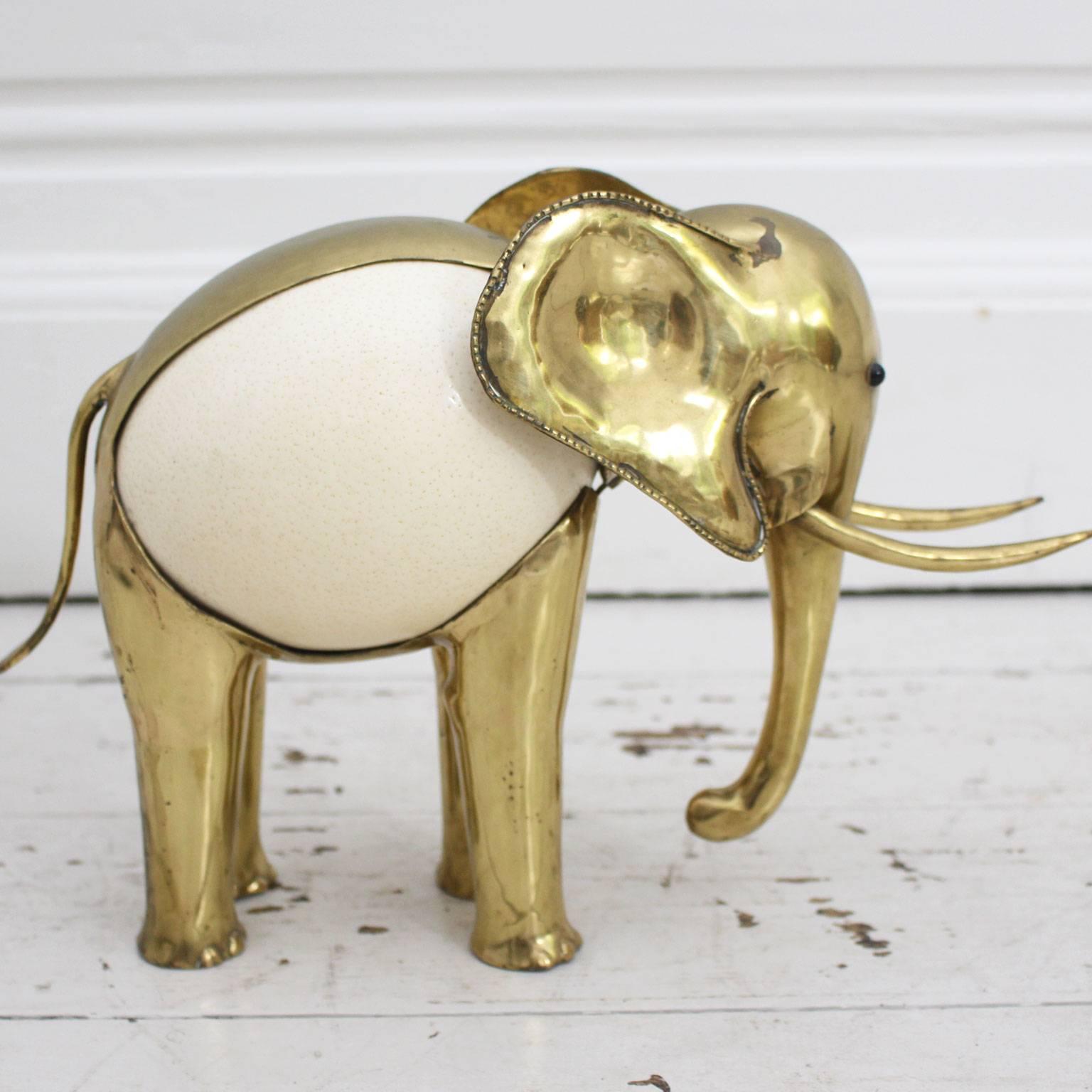 Modern 1970s Brass Ostrich Egg Sculpture of an Elephant