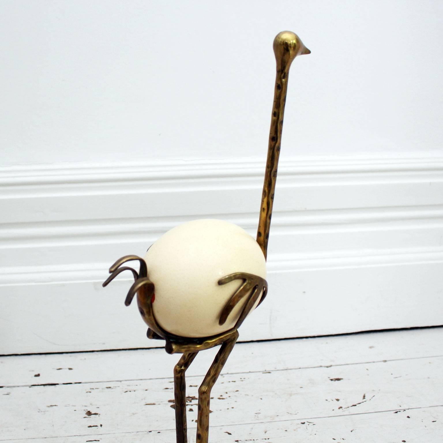 Late 20th Century French 1970s Brass Ostrich Sculpture with Ostrich Egg