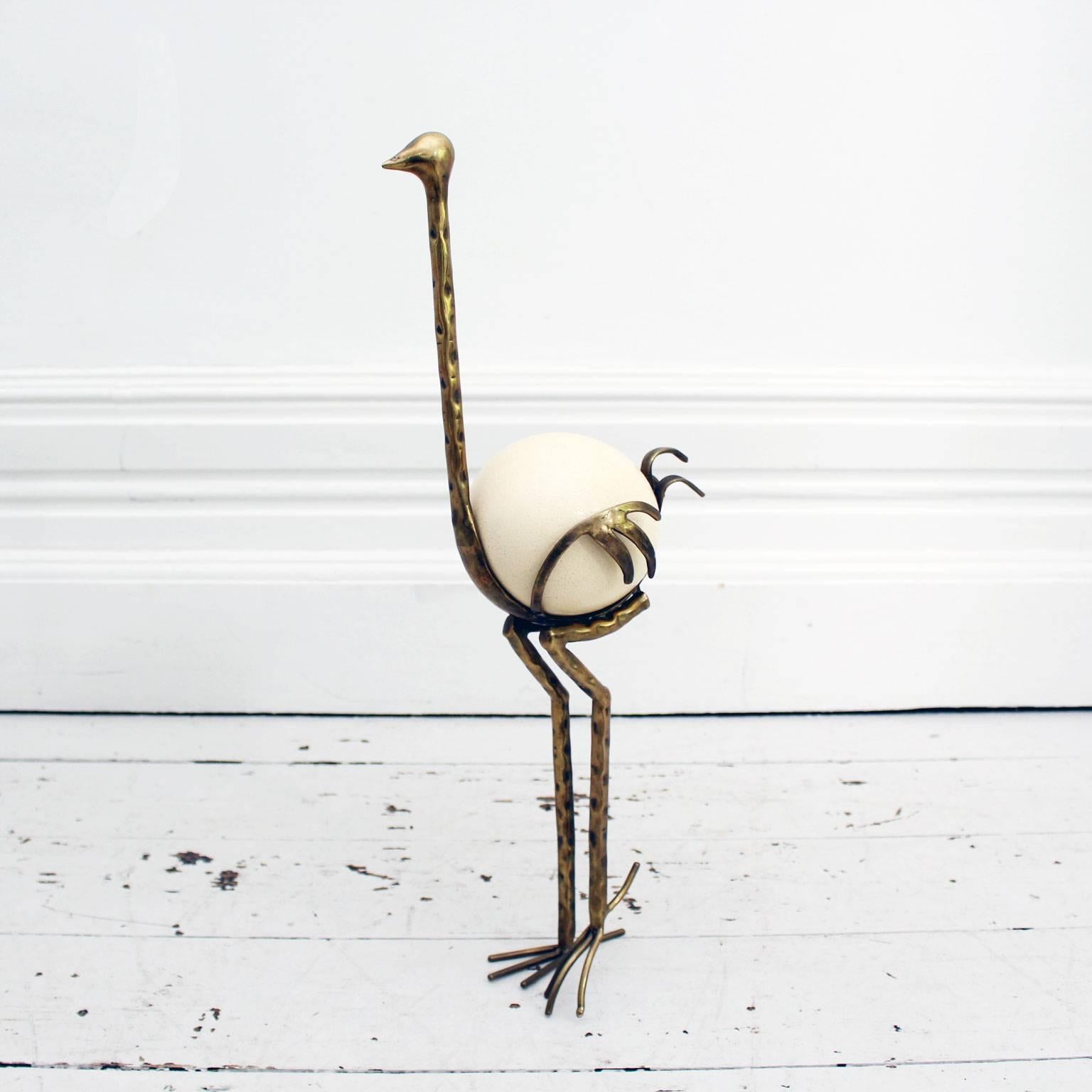 French 1970s Brass Ostrich Sculpture with Ostrich Egg 1