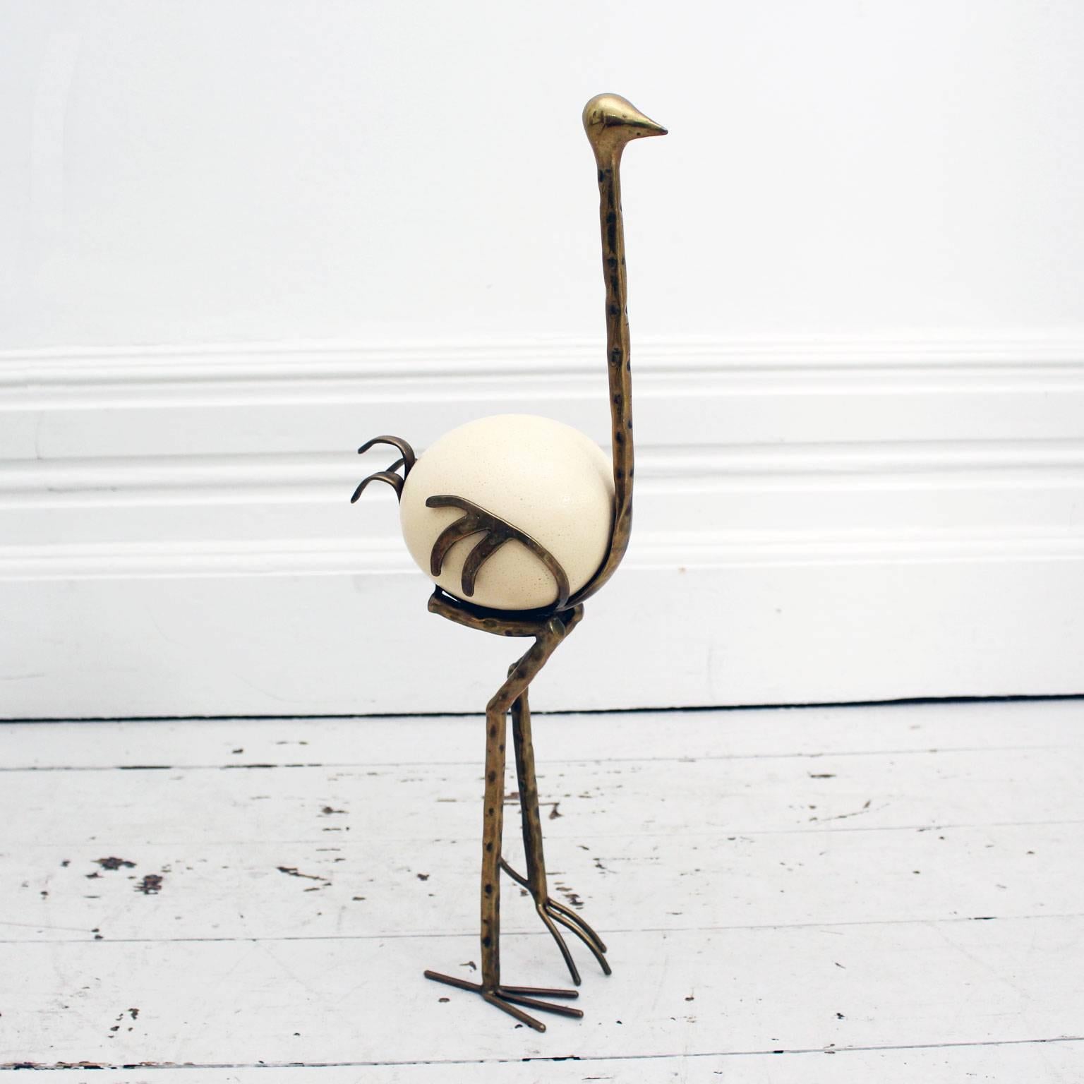 French 1970s Brass Ostrich Sculpture with Ostrich Egg 2