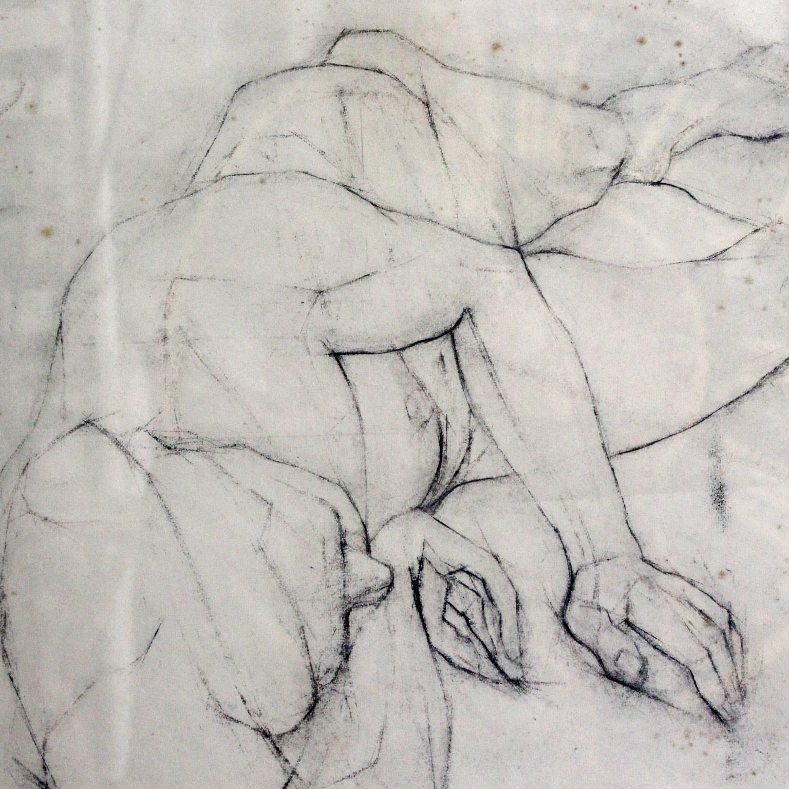 Mid-Century Modern Vintage French Charcoal Drawing on Paper Nude Study
