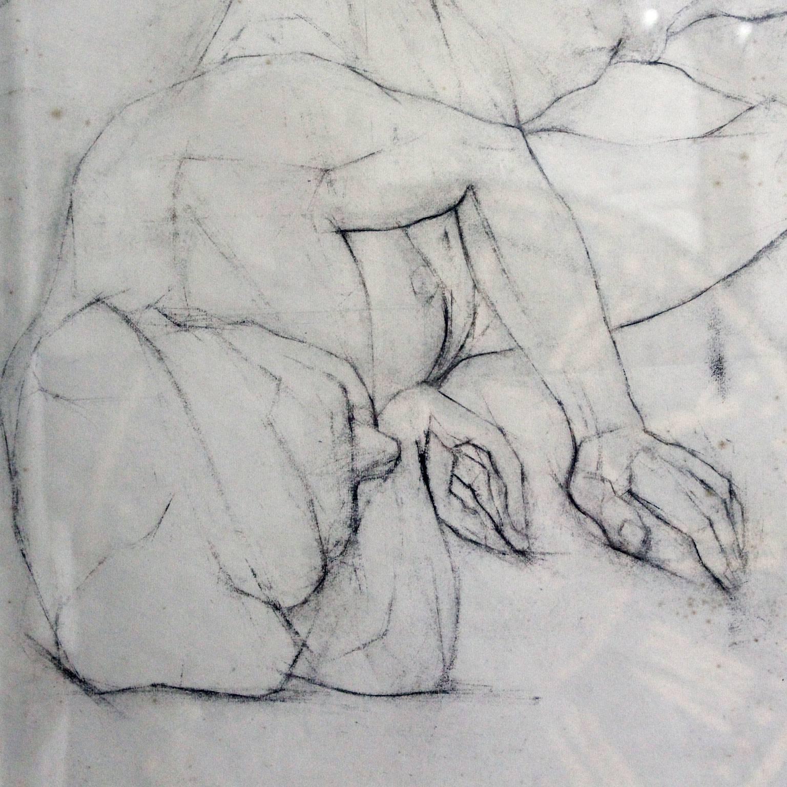 Mid-20th Century Vintage French Charcoal Drawing on Paper Nude Study