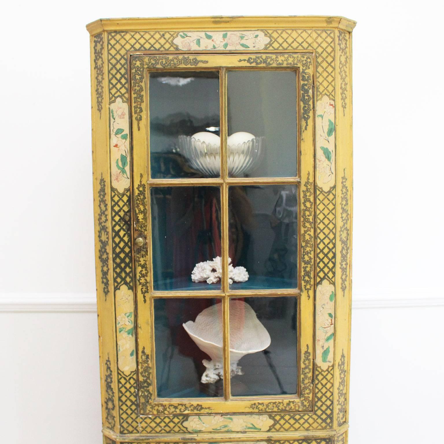 French Late 19th Century Yellow Chinoiserie Glass Fronted Standing Corner Cupboard