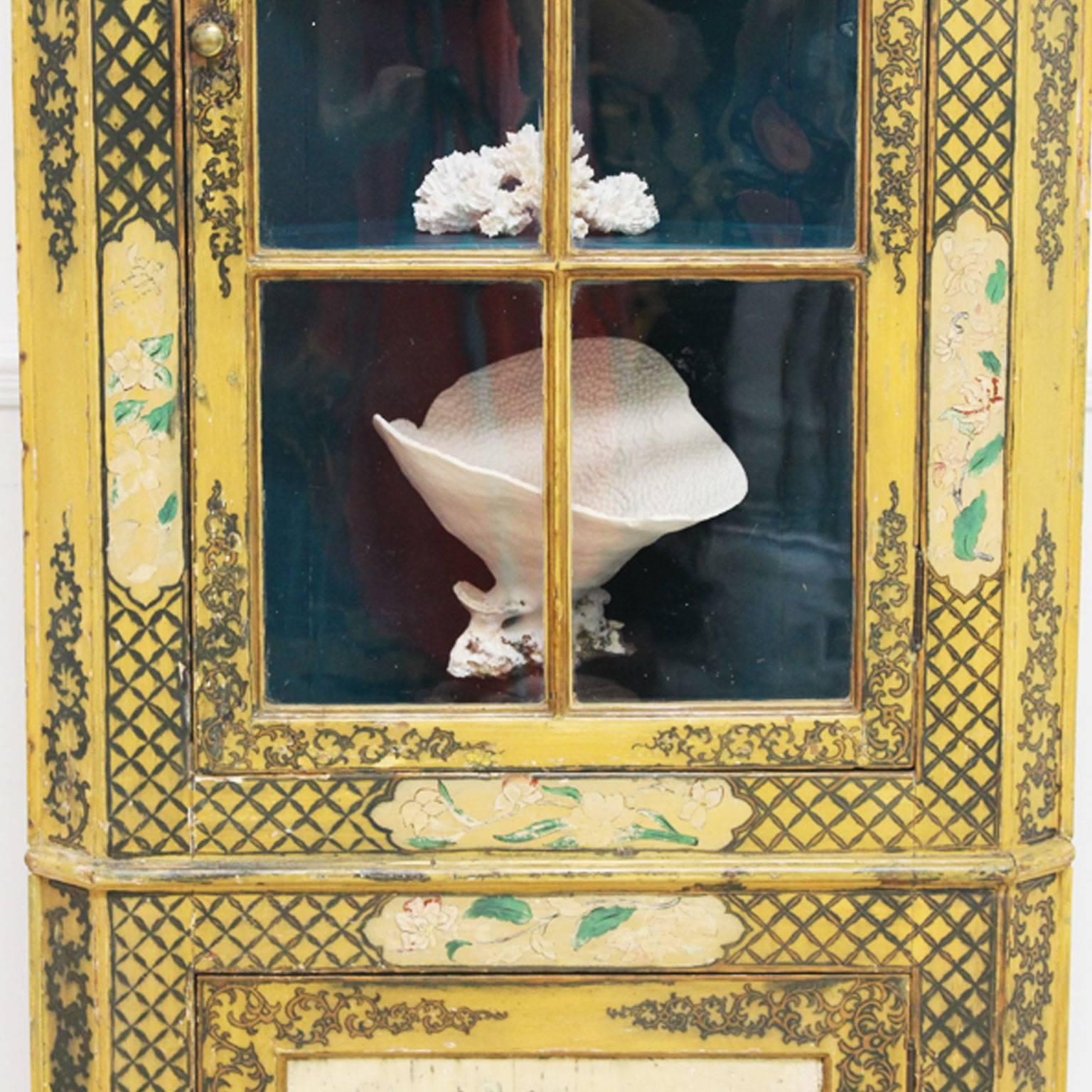 Painted Late 19th Century Yellow Chinoiserie Glass Fronted Standing Corner Cupboard