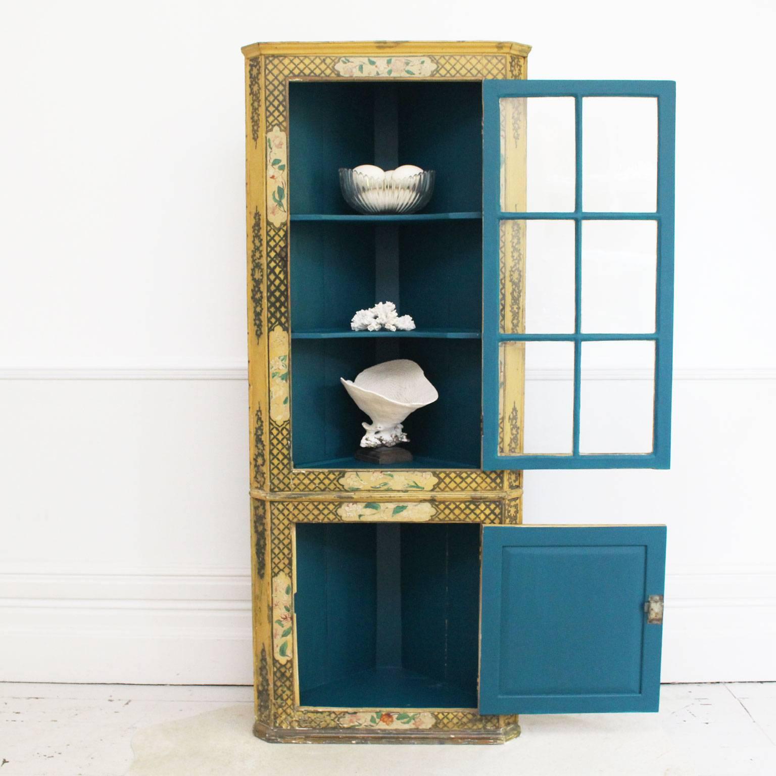 Late 19th Century Yellow Chinoiserie Glass Fronted Standing Corner Cupboard 1
