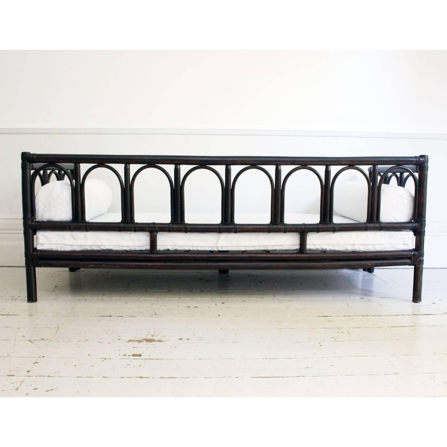 Mid-Century Modern 1970s French Black Brown Bamboo Sofa Daybed with White Linen Cushions