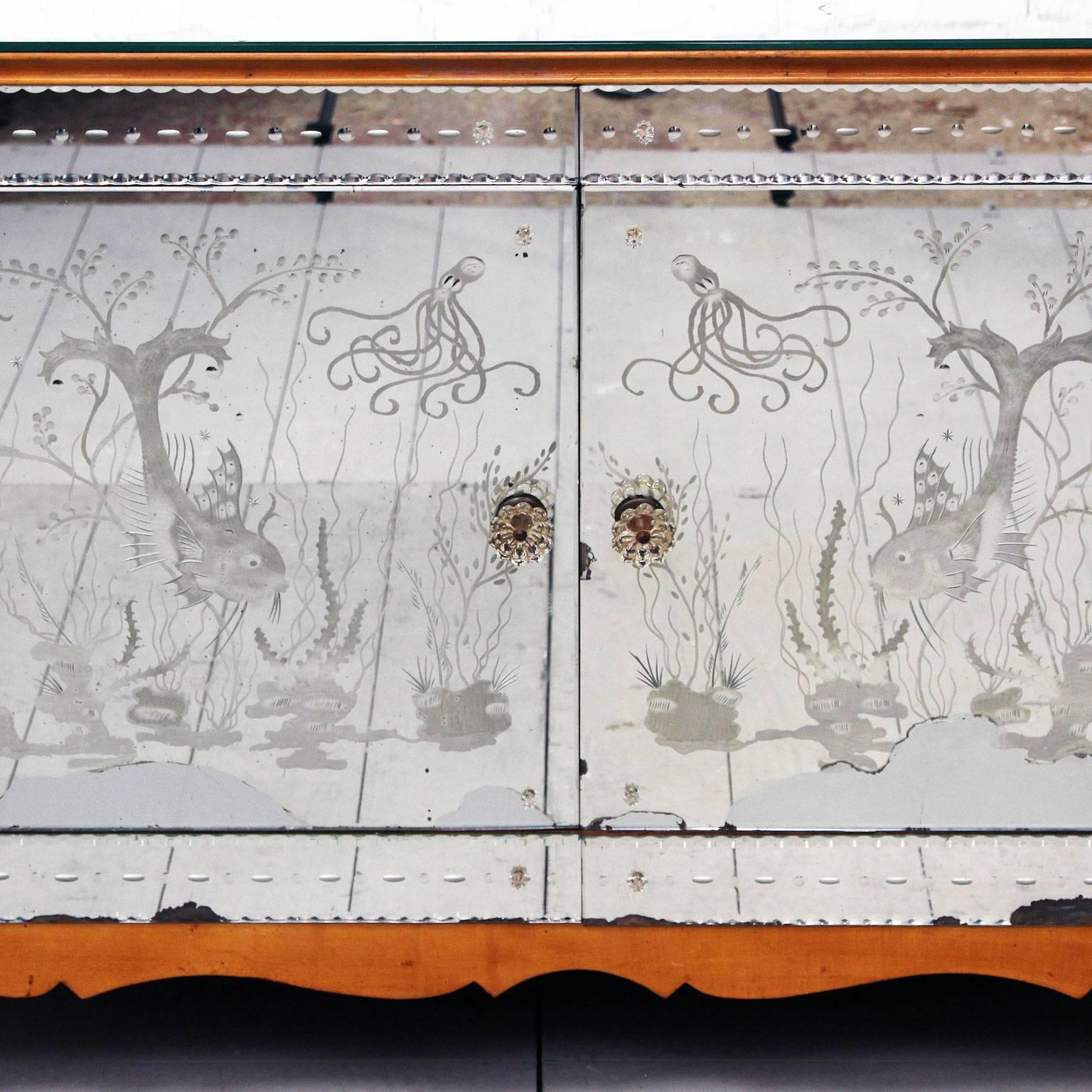 Mid-Century Modern Midcentury Etched, Mirrored French Sideboard Cabinet