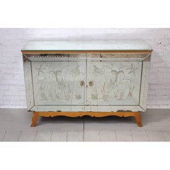 Midcentury Etched, Mirrored French Sideboard Cabinet