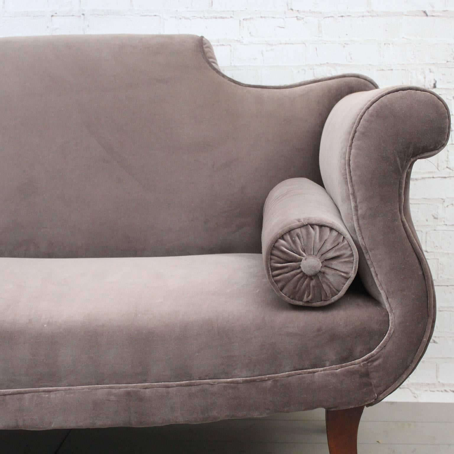 English Sabre Legged Regency Sofa Upholstered in Mink Velvet