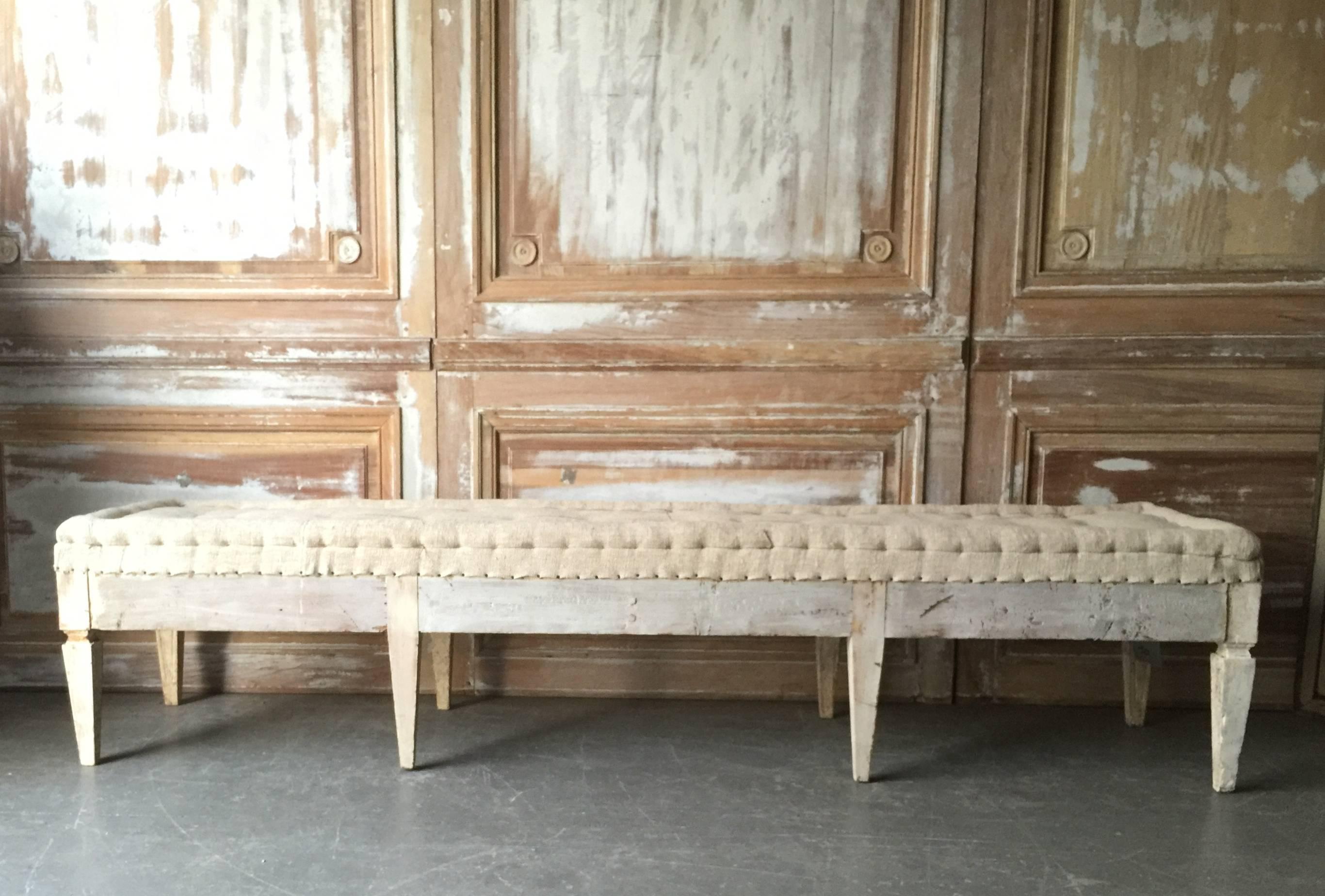 Hand-Carved Swedish Gustavian Period Bench with Antique Linen