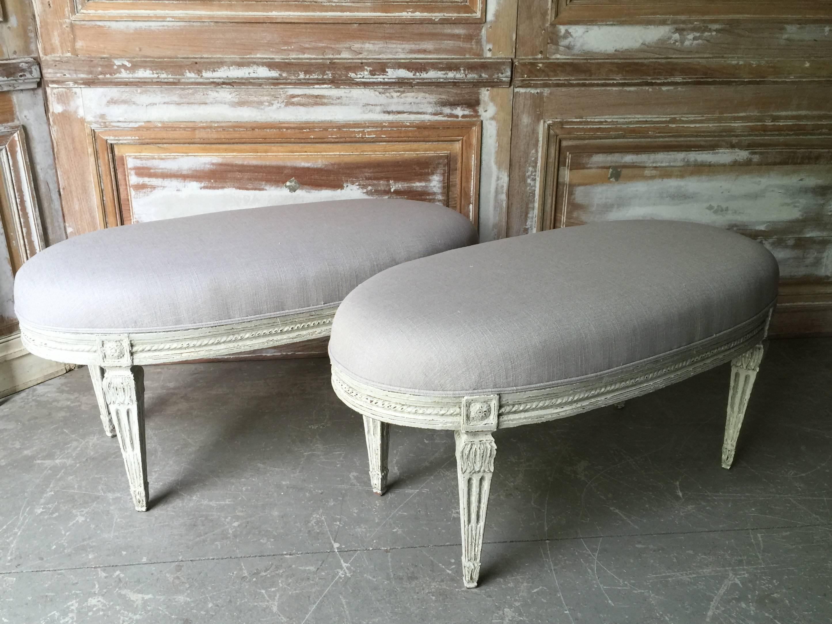 French Pair of Louis XVI Style Painted Benches