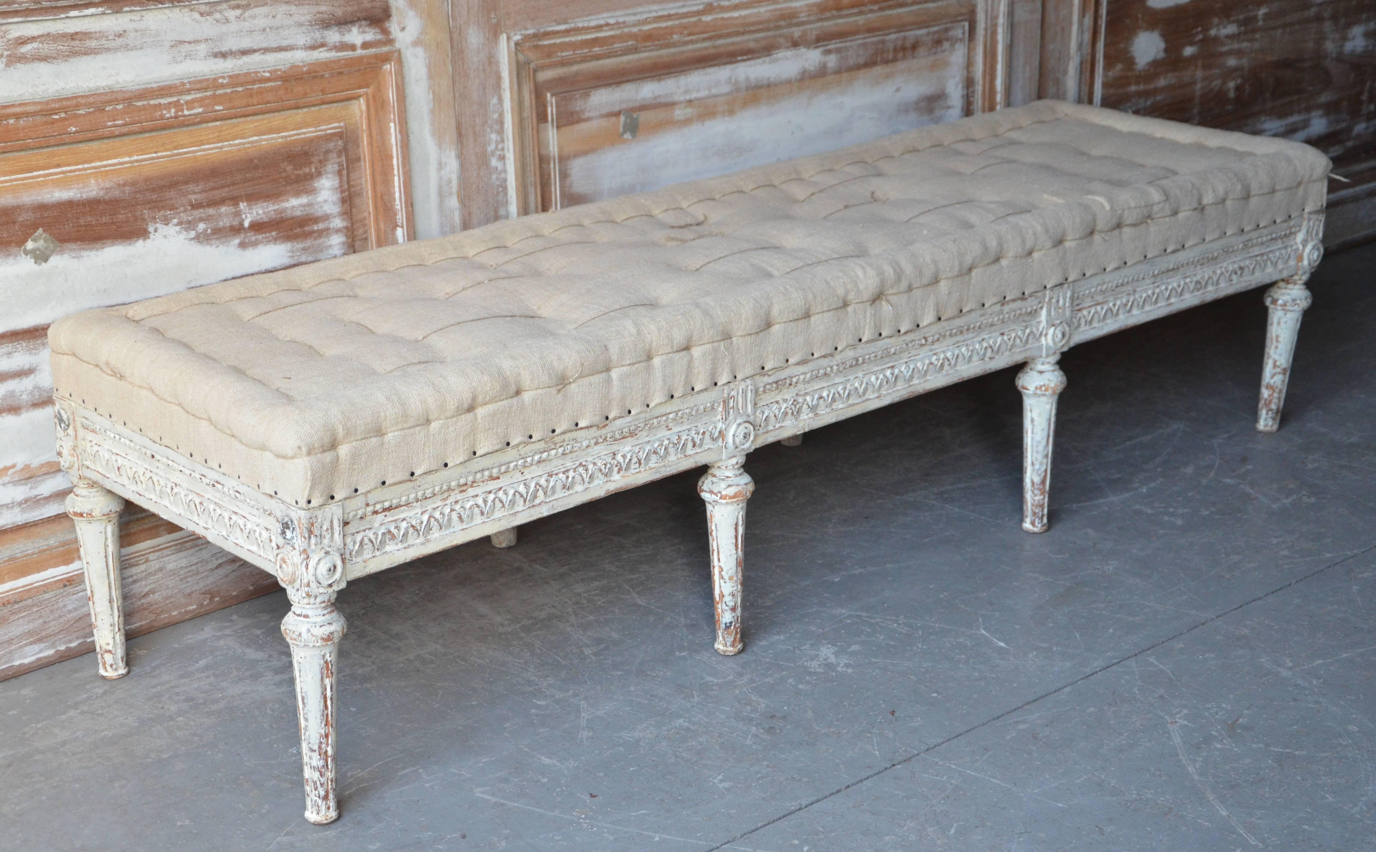 Hand-Carved Swedish Gustavian Bench with Antique Linen