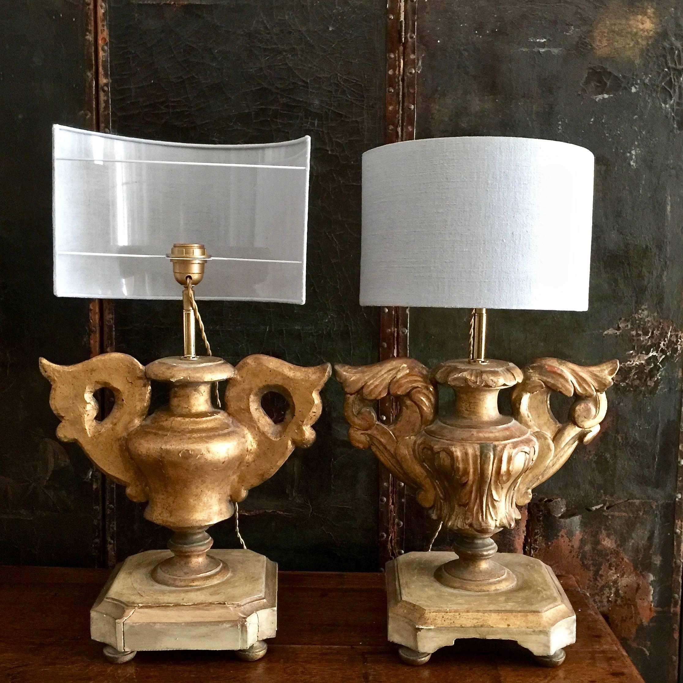 Hand-Carved Pair of 18th Century Italian Gold Giltwood Altar Candleholders as Lamps