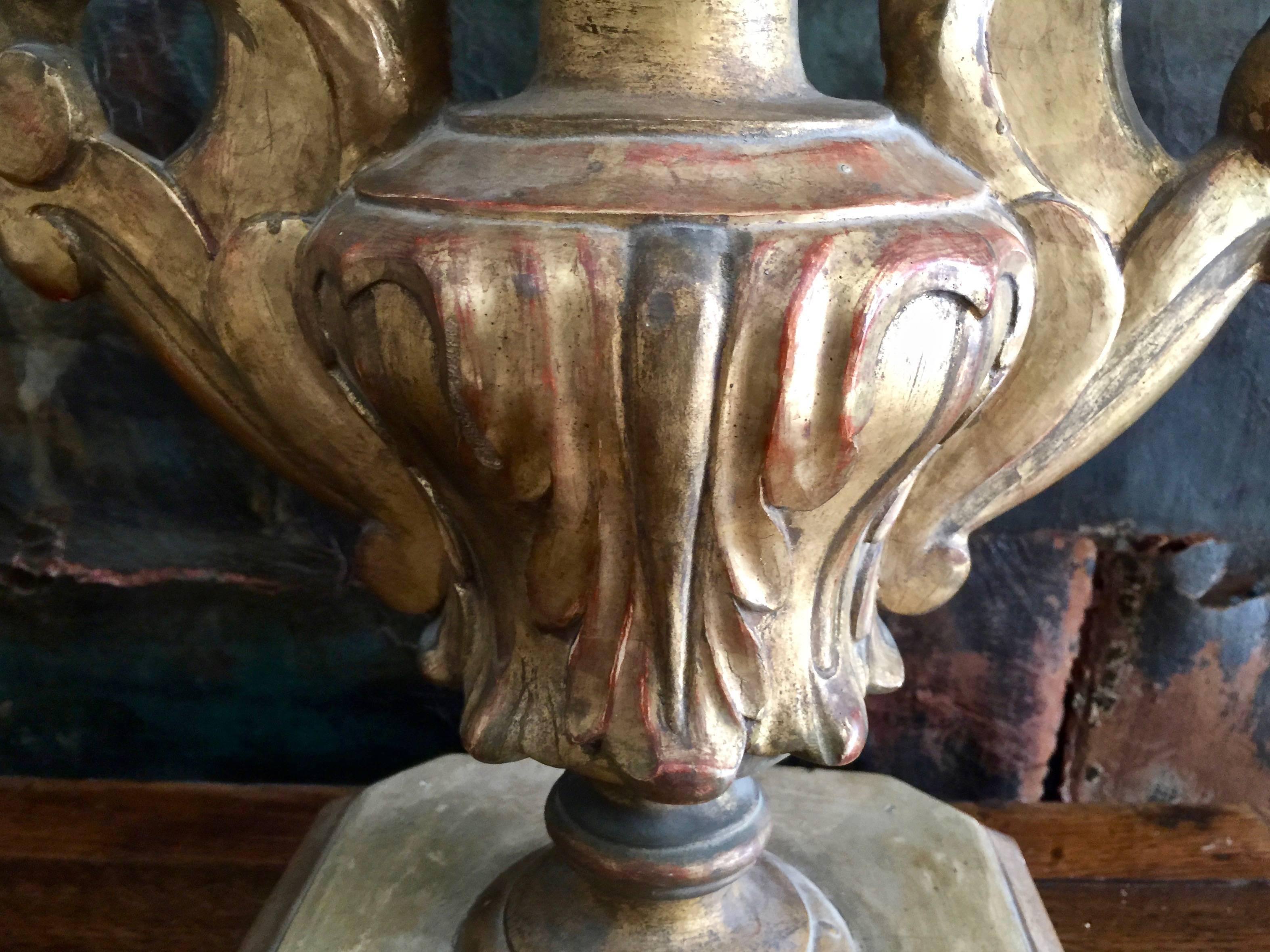 Oak Pair of 18th Century Italian Gold Giltwood Altar Candleholders as Lamps