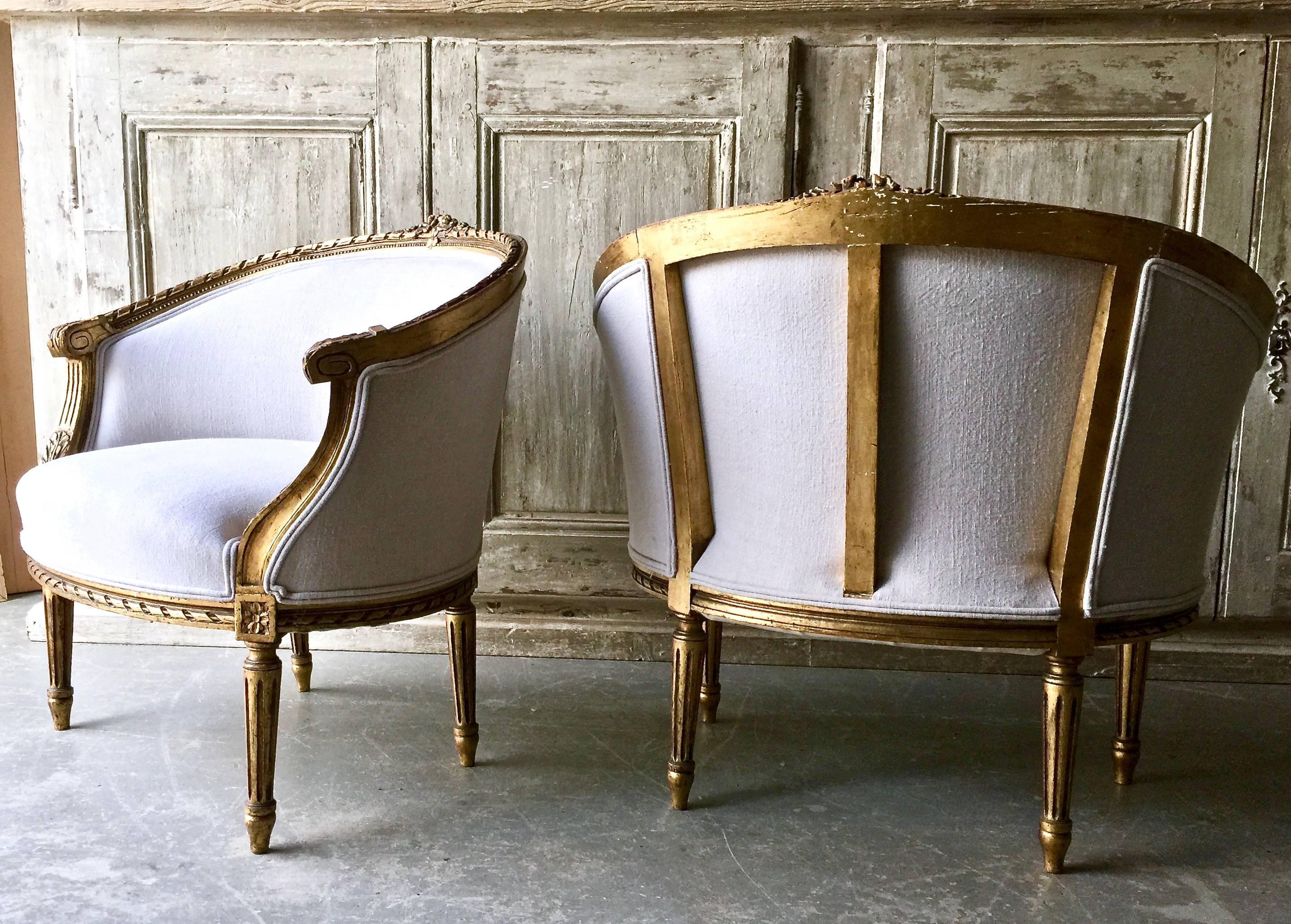 Hand-Carved Pair of 19th Century French Louis XVI Style Giltwood Bergères