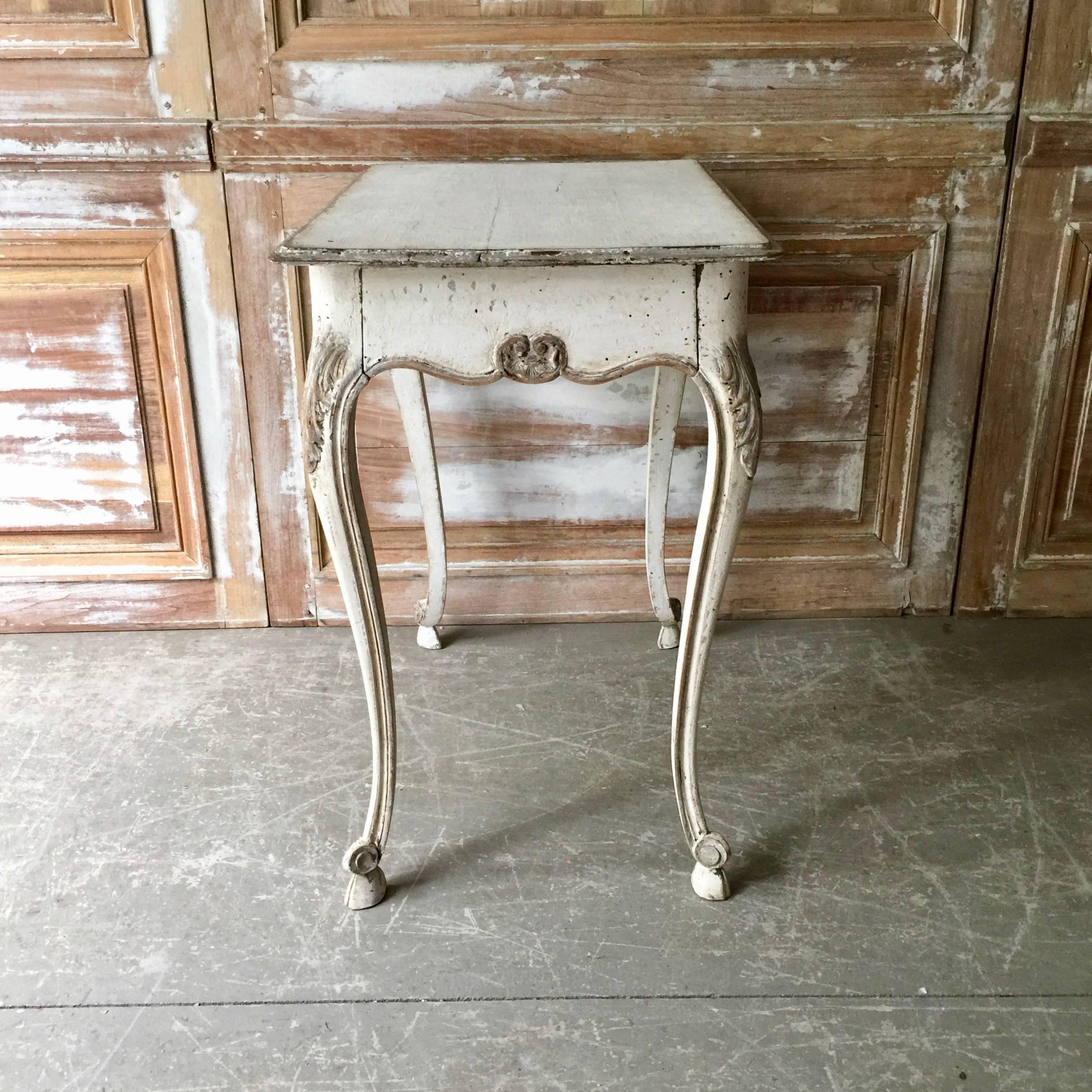 Hand-Carved 19th Century Louis XV Style Painted Small Table with Drawer