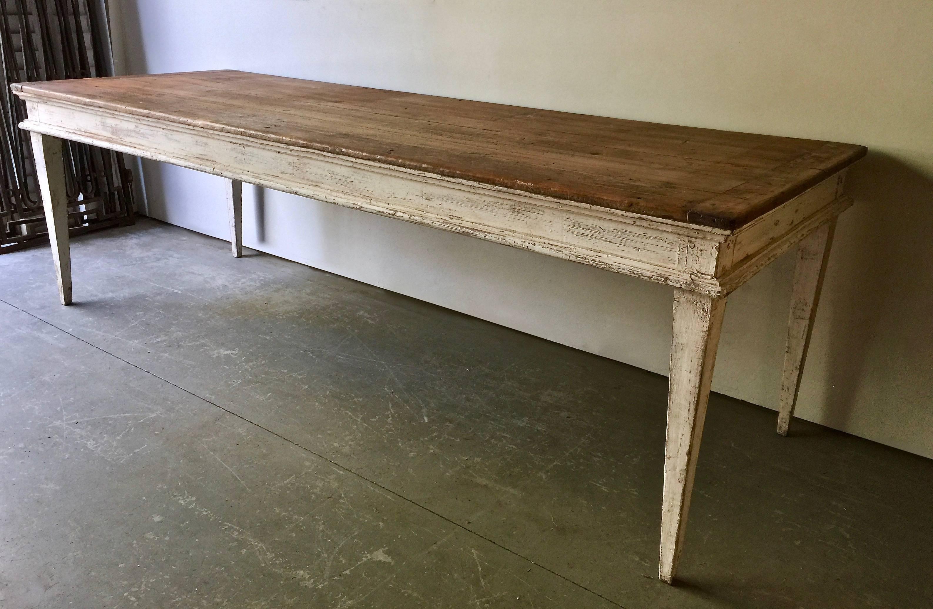 19th century, French country table with very patinated natural pine top on painted base with square tapered legs. Ideal also as large console.
Here are few examples. Surprising pieces and objects, authentic, decorative and rare items that you will