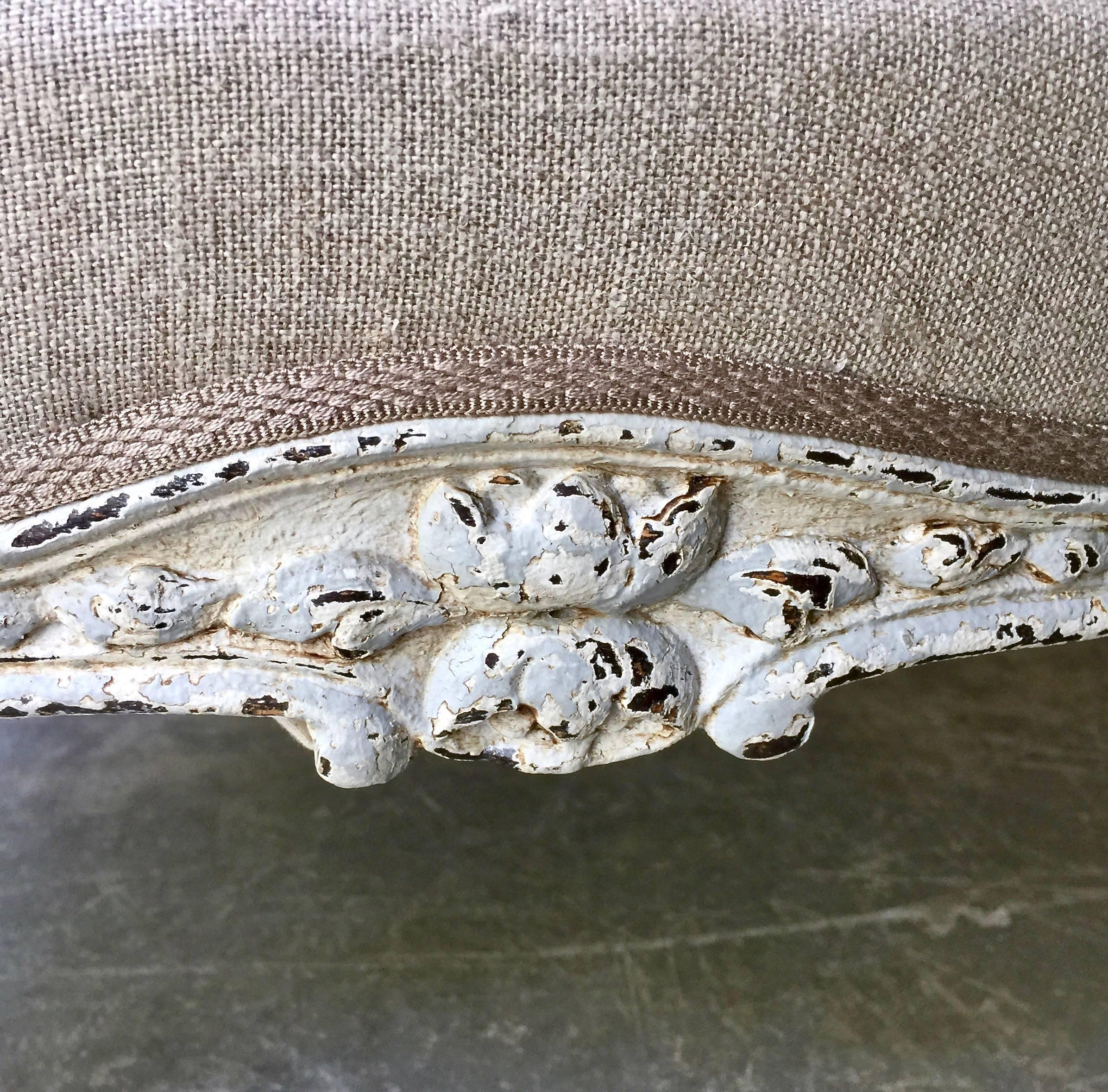Linen Pair of Louis XV Style Painted Fauteuils