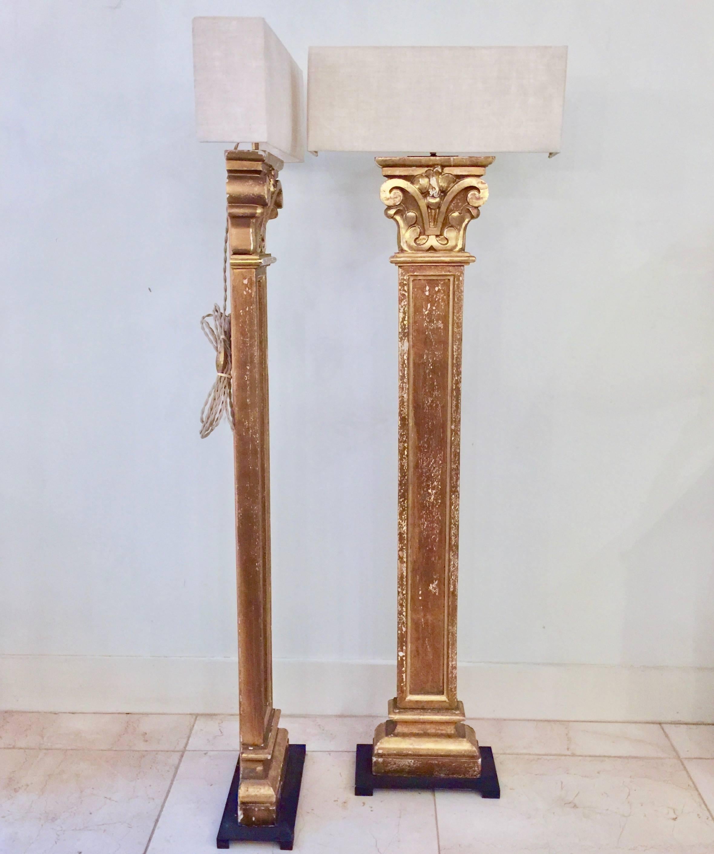 French Pair of 19th century Pilaster Fragment as Floorlamps with Custommade Linen Shade