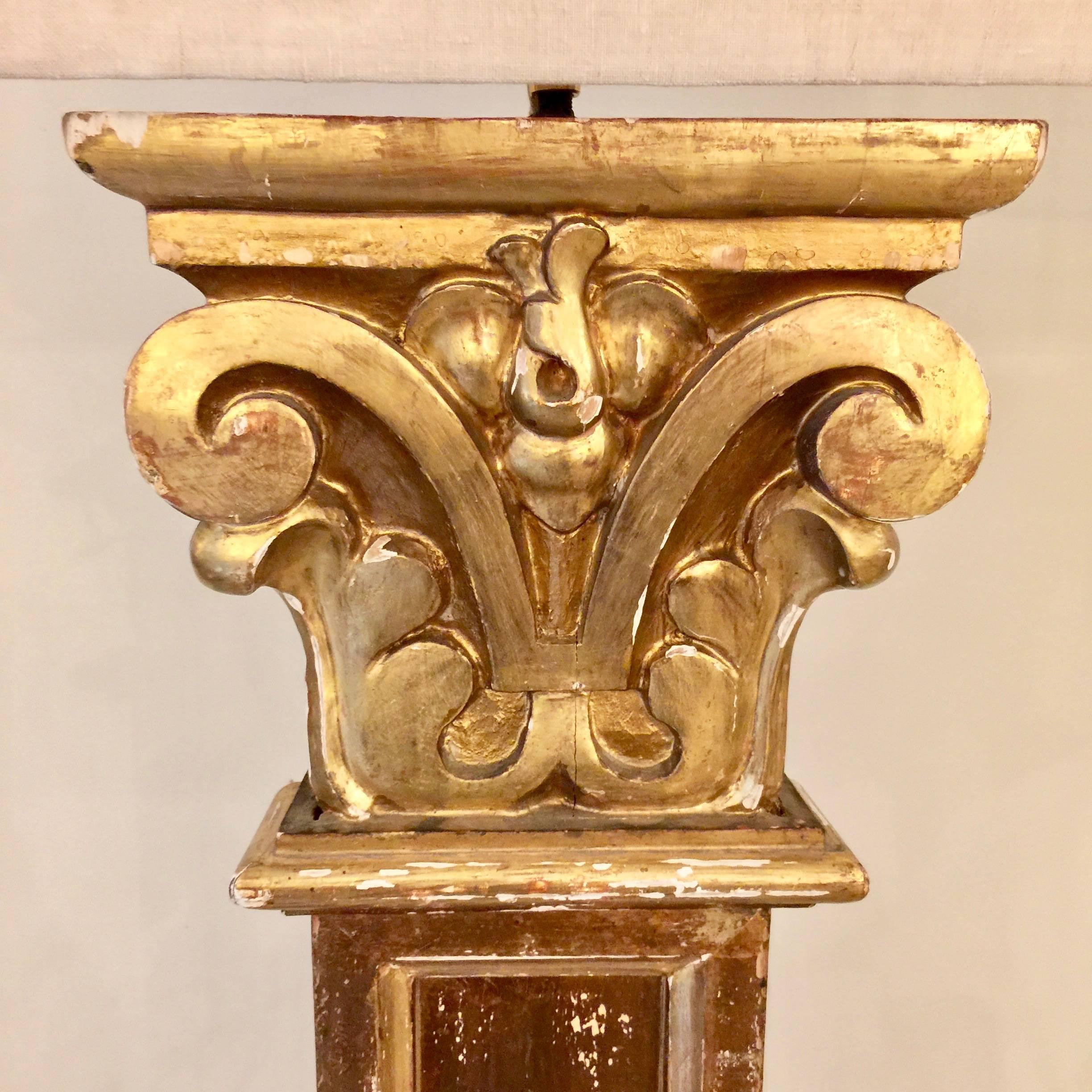 Hand-Carved Pair of 19th century Pilaster Fragment as Floorlamps with Custommade Linen Shade