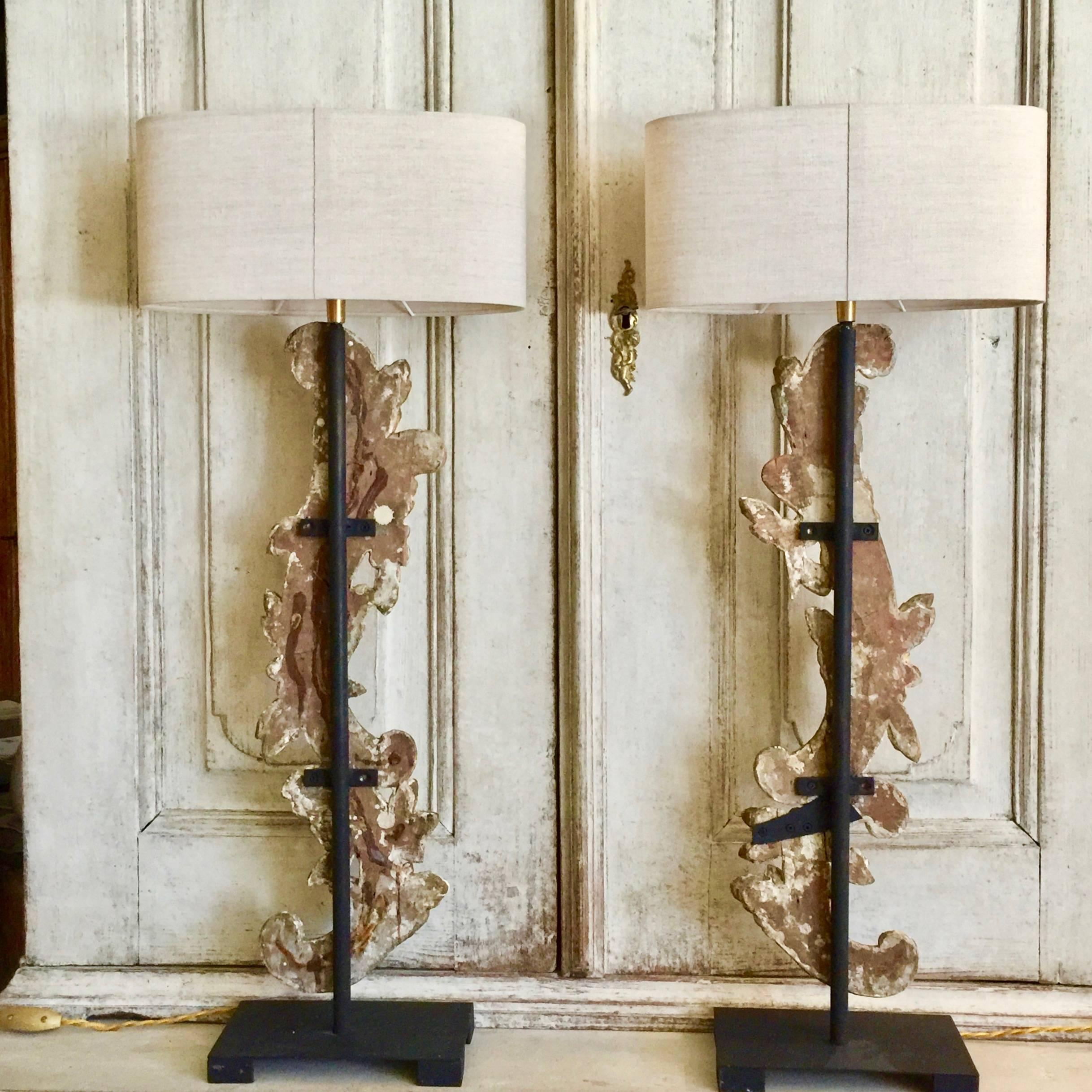 Hand-Carved Pair of 19th Century French Architectural Gold Gilt Fragments as Lamps