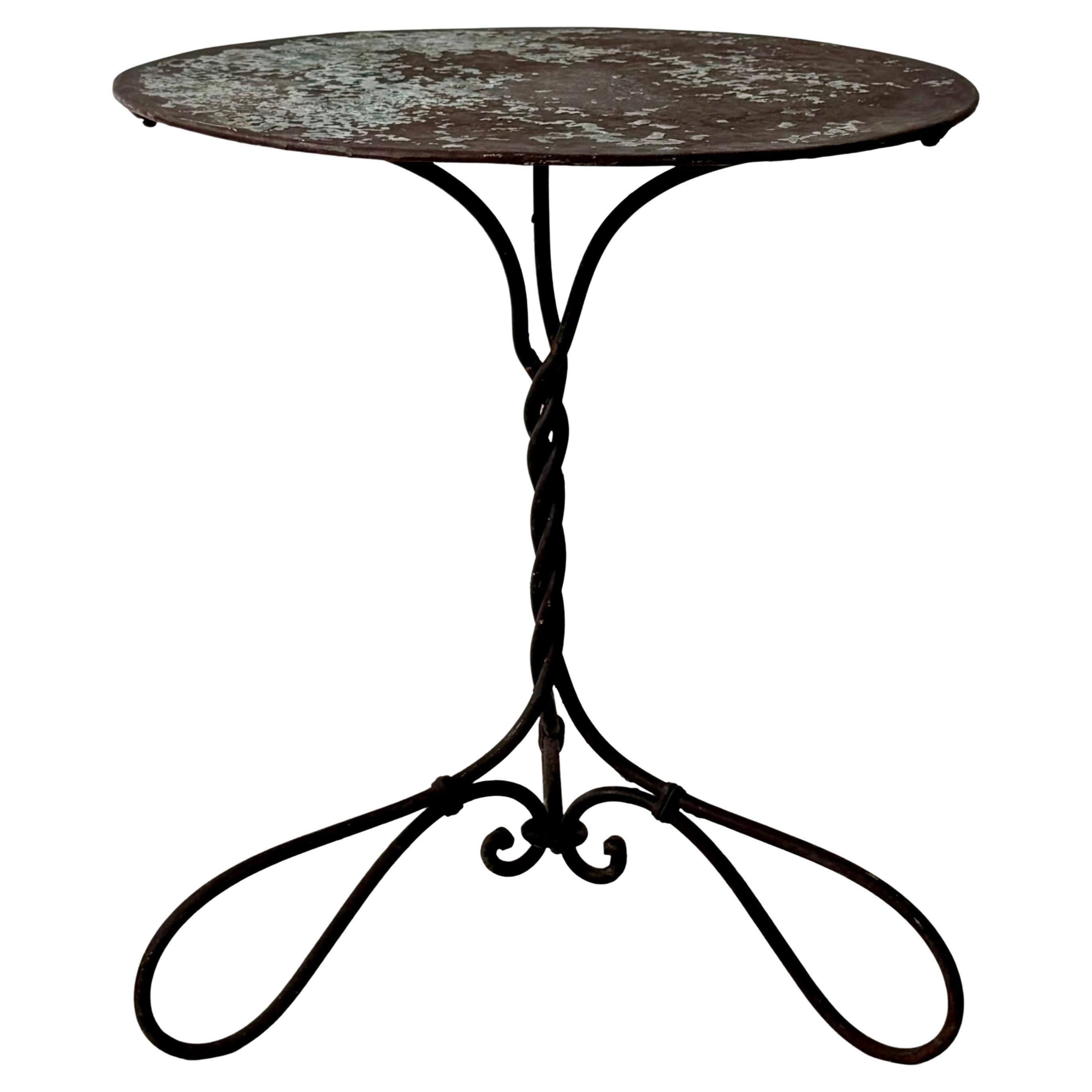 19th Century Round French Garden Bistro Table W/Twisted Wrought Iron Base For Sale
