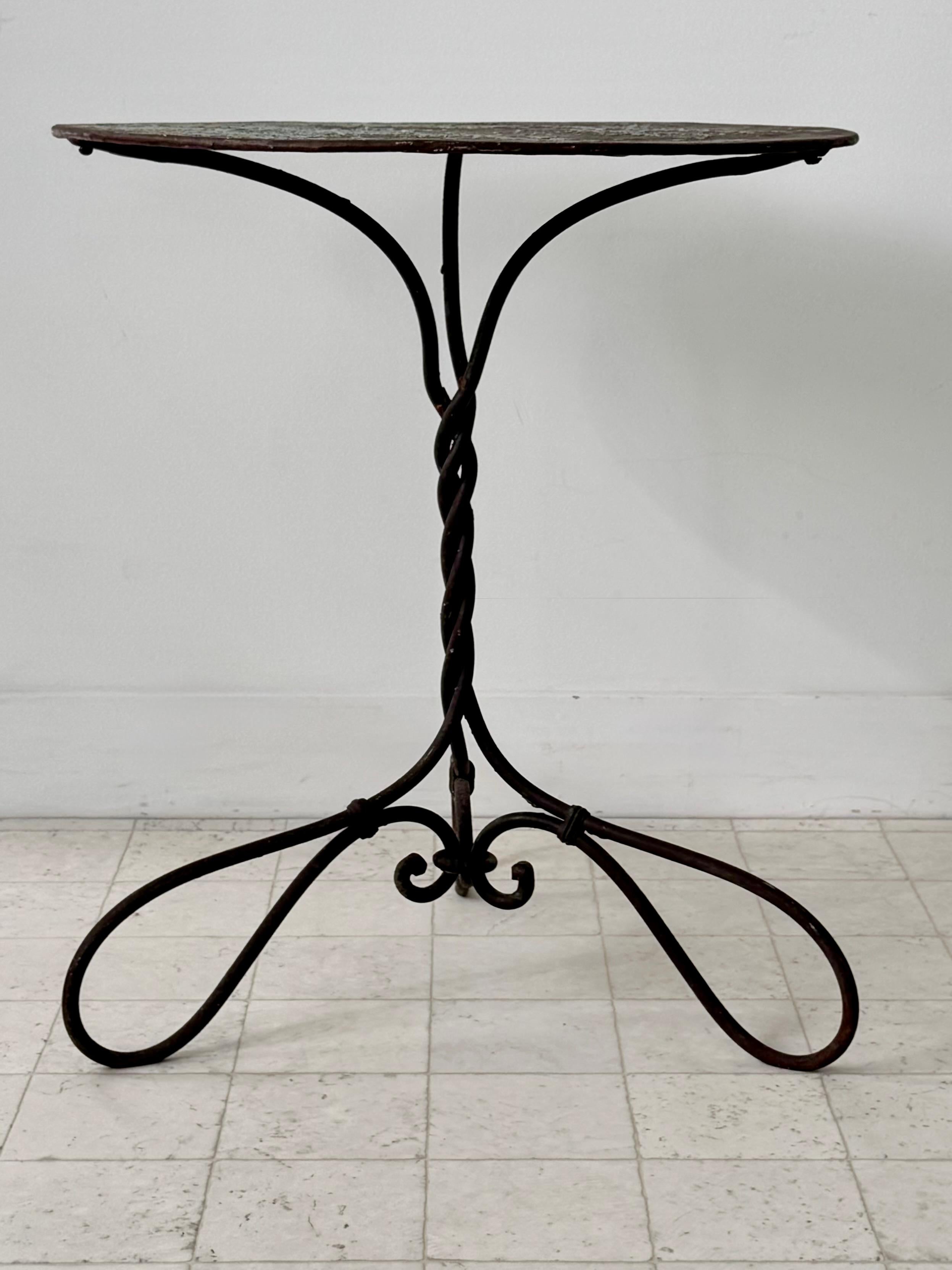 Hand-Crafted 19th Century Round French Garden Bistro Table W/Twisted Wrought Iron Base For Sale