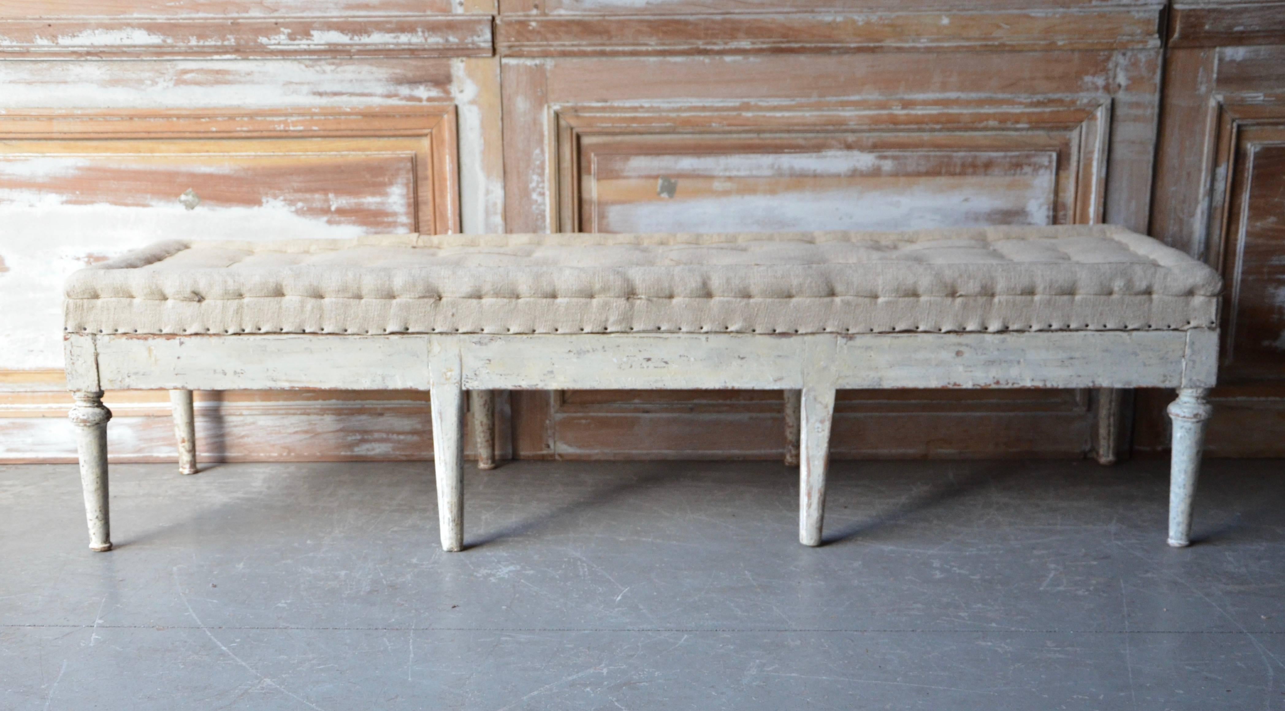 Swedish Gustavian Bench with Antique Linen In Good Condition In Charleston, SC