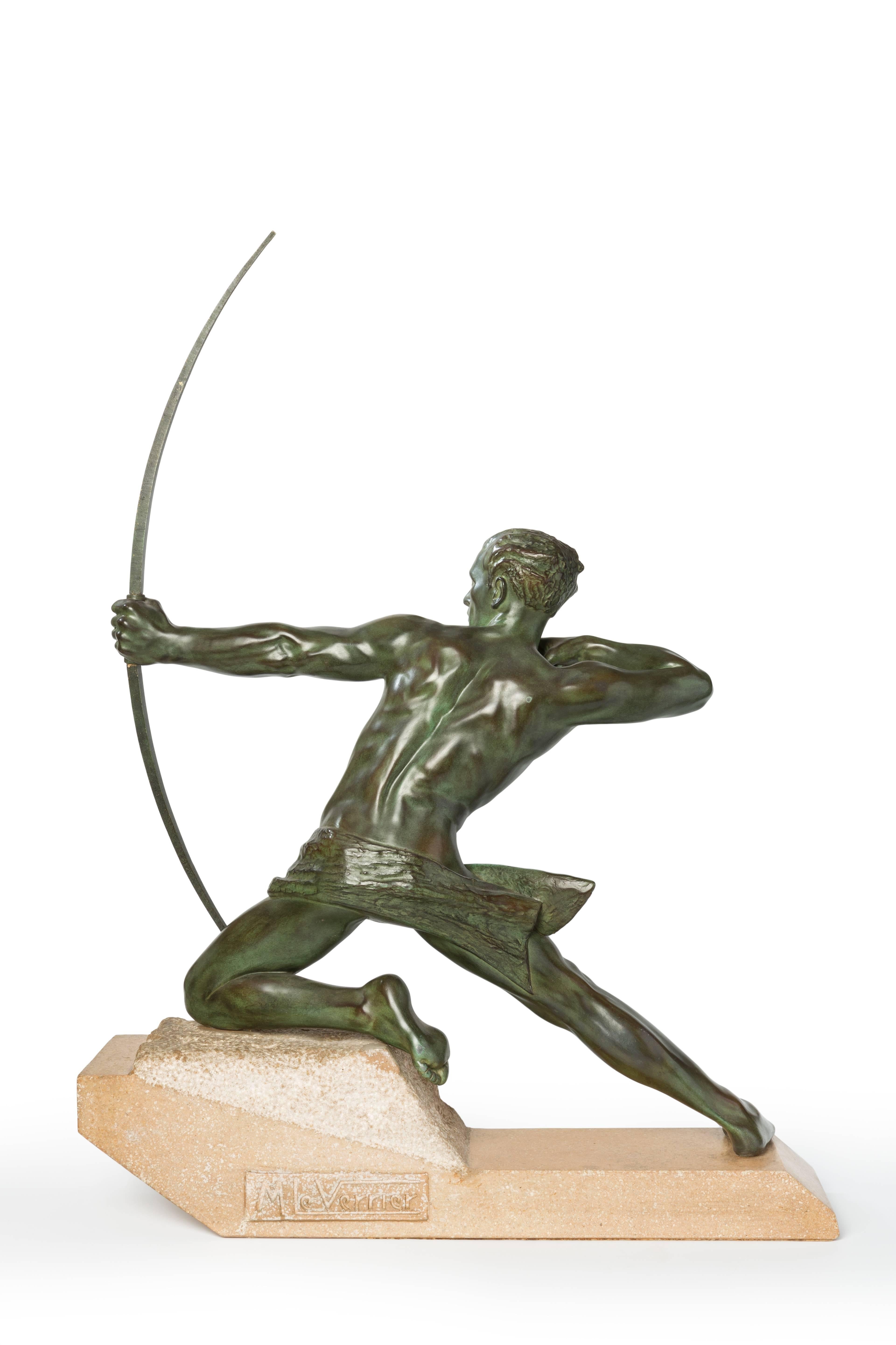 French Art Deco sculpture by Max Le Verrier ( 1891-1973 ). Bronze green patinated on granite base. Signed on the base: M. Le Verrier.
Measurements: Height: 29.92 in ( 76 cm ), Width: 22.44 in ( 57 cm ), Depth: 6.1 in ( 15,5 cm )