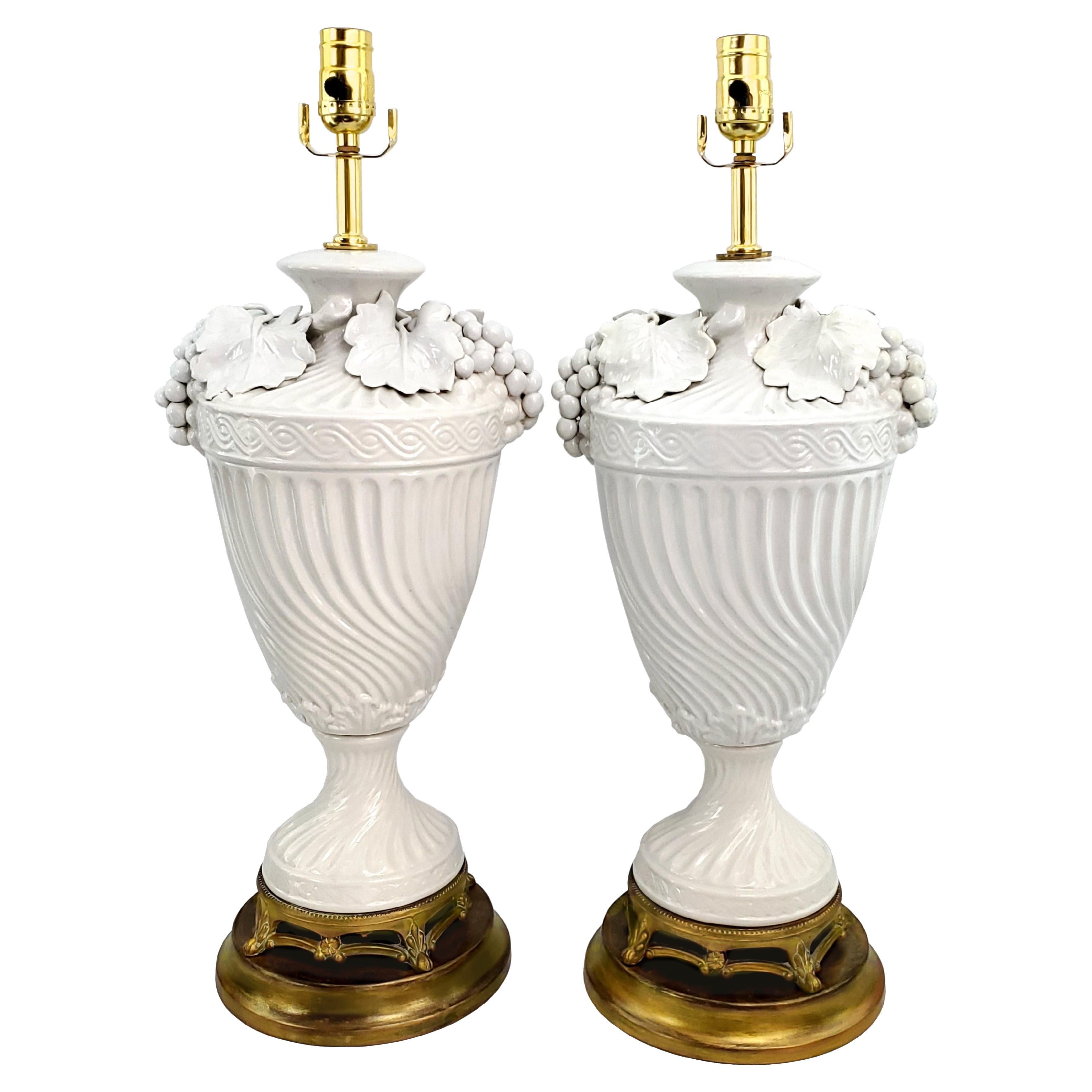 Pair Blanc De Chine Italian White Porcelain Urn Table Lamps with Grape Leaves For Sale