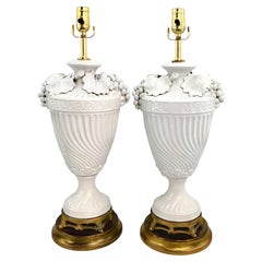 Pair Blanc De Chine Italian White Porcelain Urn Table Lamps with Grape Leaves
