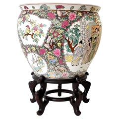 Large Rose Medallion Chinese Porcelain Goldfish Fishbowl Planter & Stand