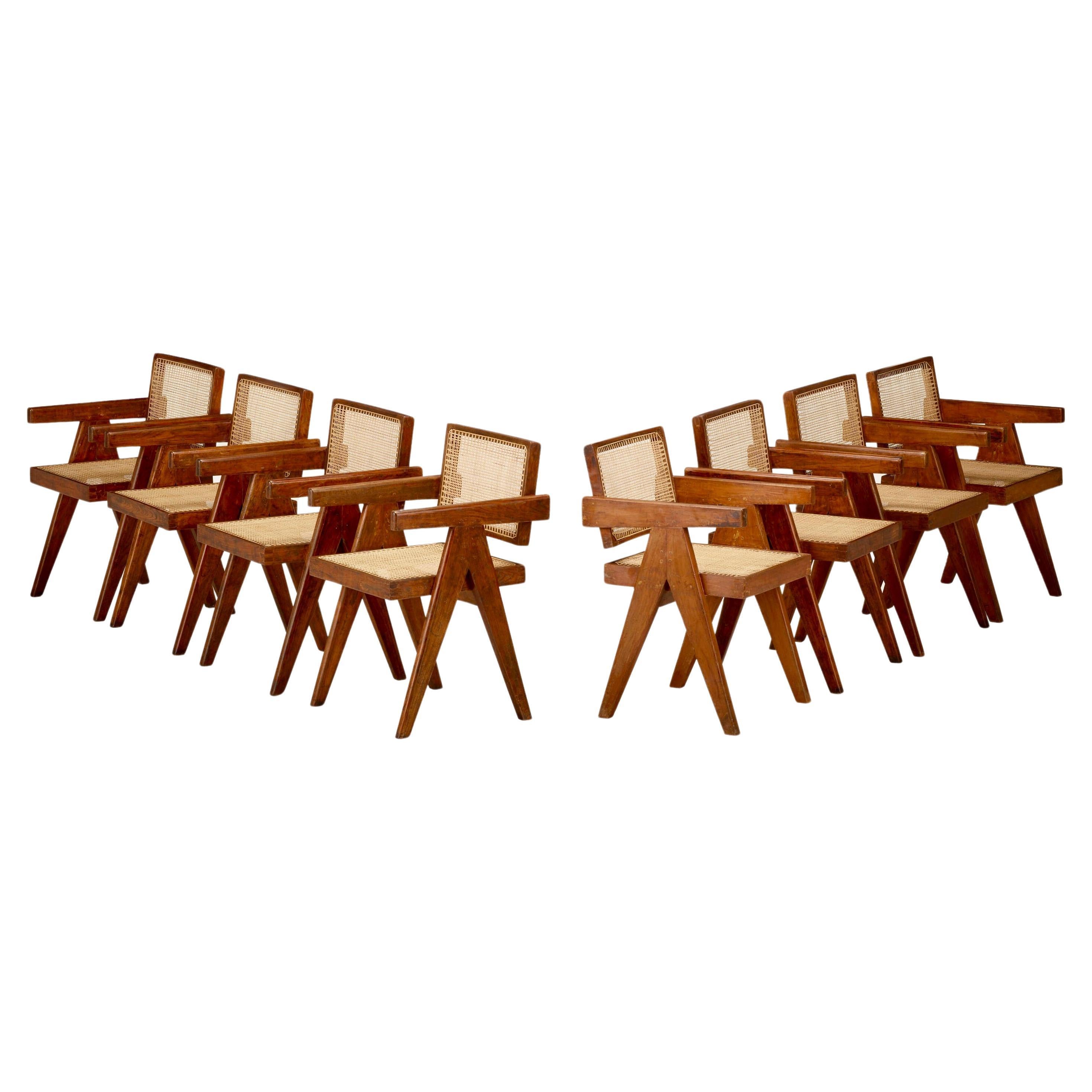 Pierre Jeanneret Office Cane Chairs Set of 8 For Sale