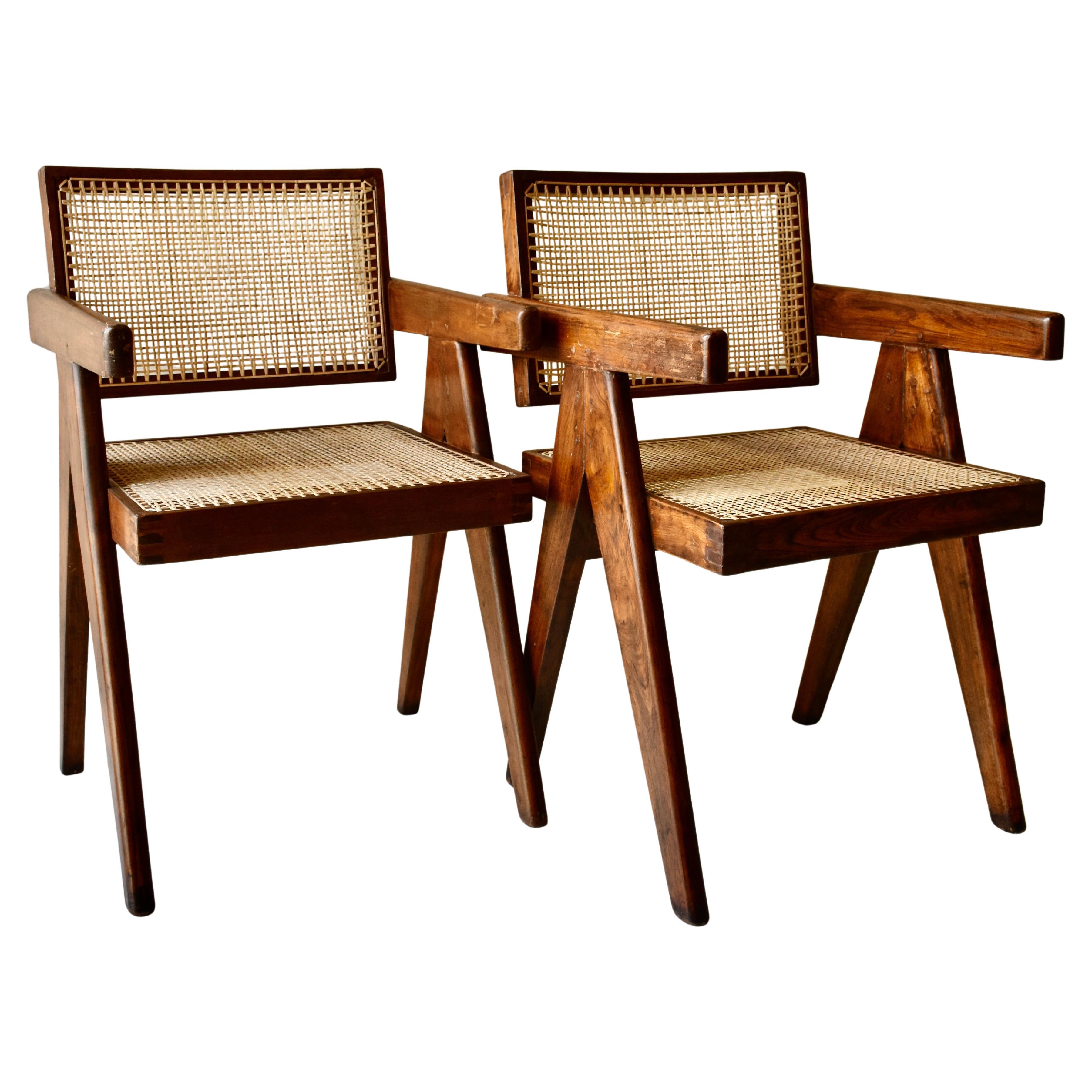 Indian Pierre Jeanneret Office Cane Chairs Set of 8 For Sale